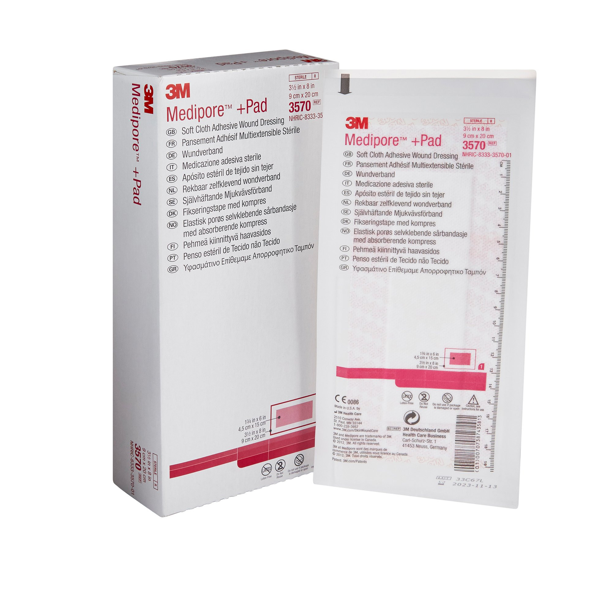 3M Medipore +Pad Soft Cloth Adhesive Wound Dressing, 3.5 X 8", 3570, Box of 25