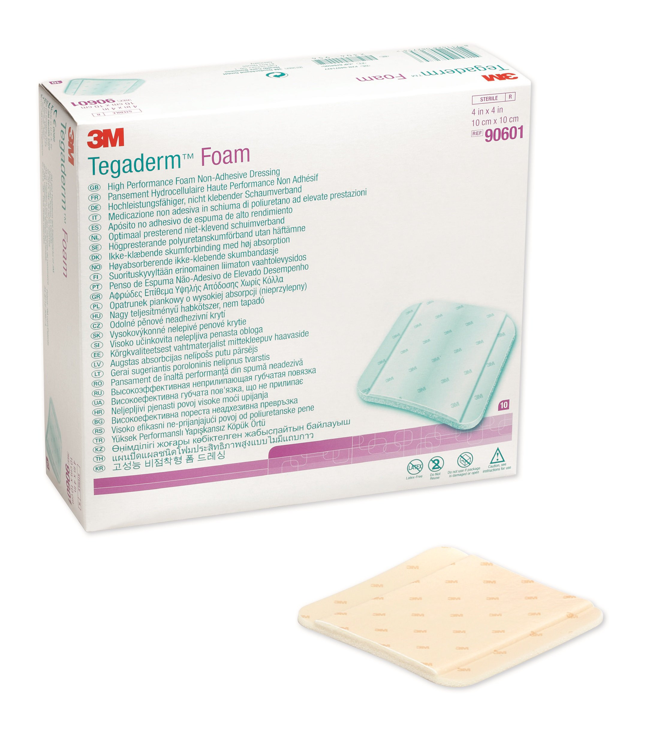 3M Tegaderm Foam High Performance Foam Non-Adhesive Dressing, 4 X 4", 90601, Box of 10