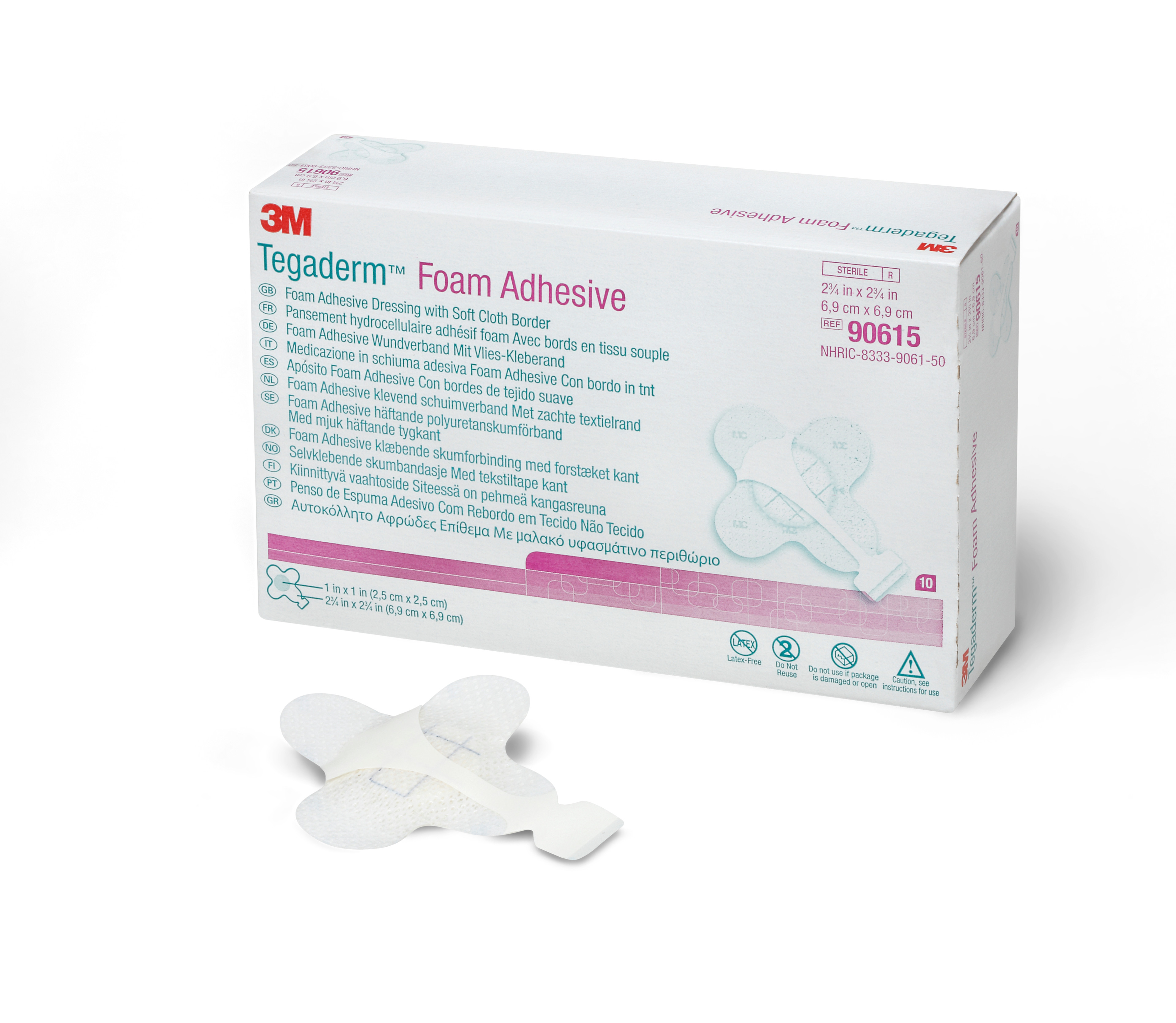 3M Tegaderm Foam Adhesive Dressing with Soft Cloth Border, 2.75 X 2.75", 90615, Box of 10