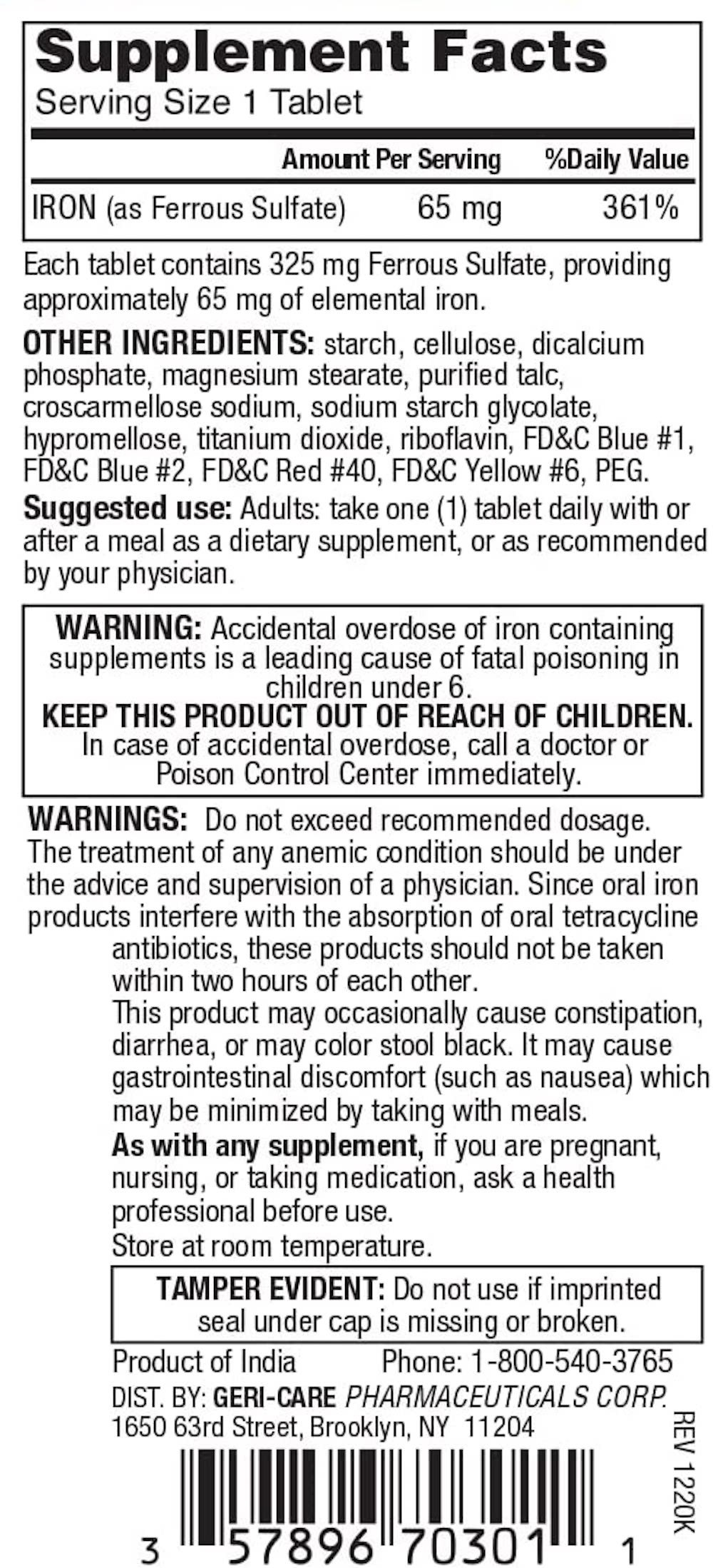 Geri-Care Iron Tablets, 325 mg, 100 Tablets