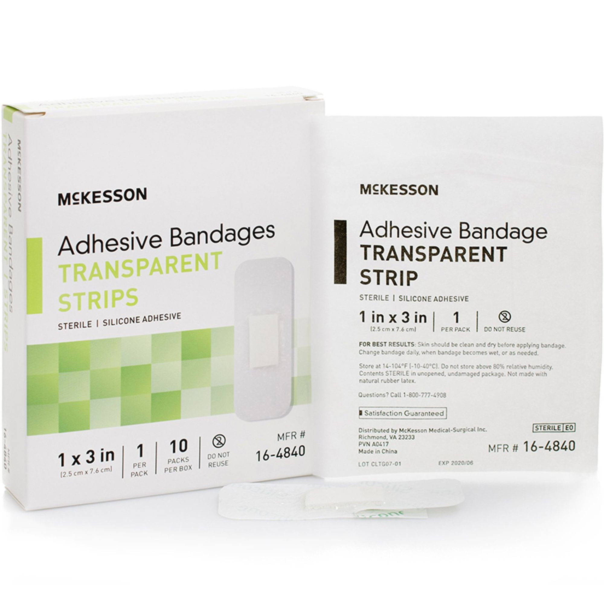 McKesson Transparent Adhesive Bandage Strips. 1 X 3", 16-4840, Box of 10