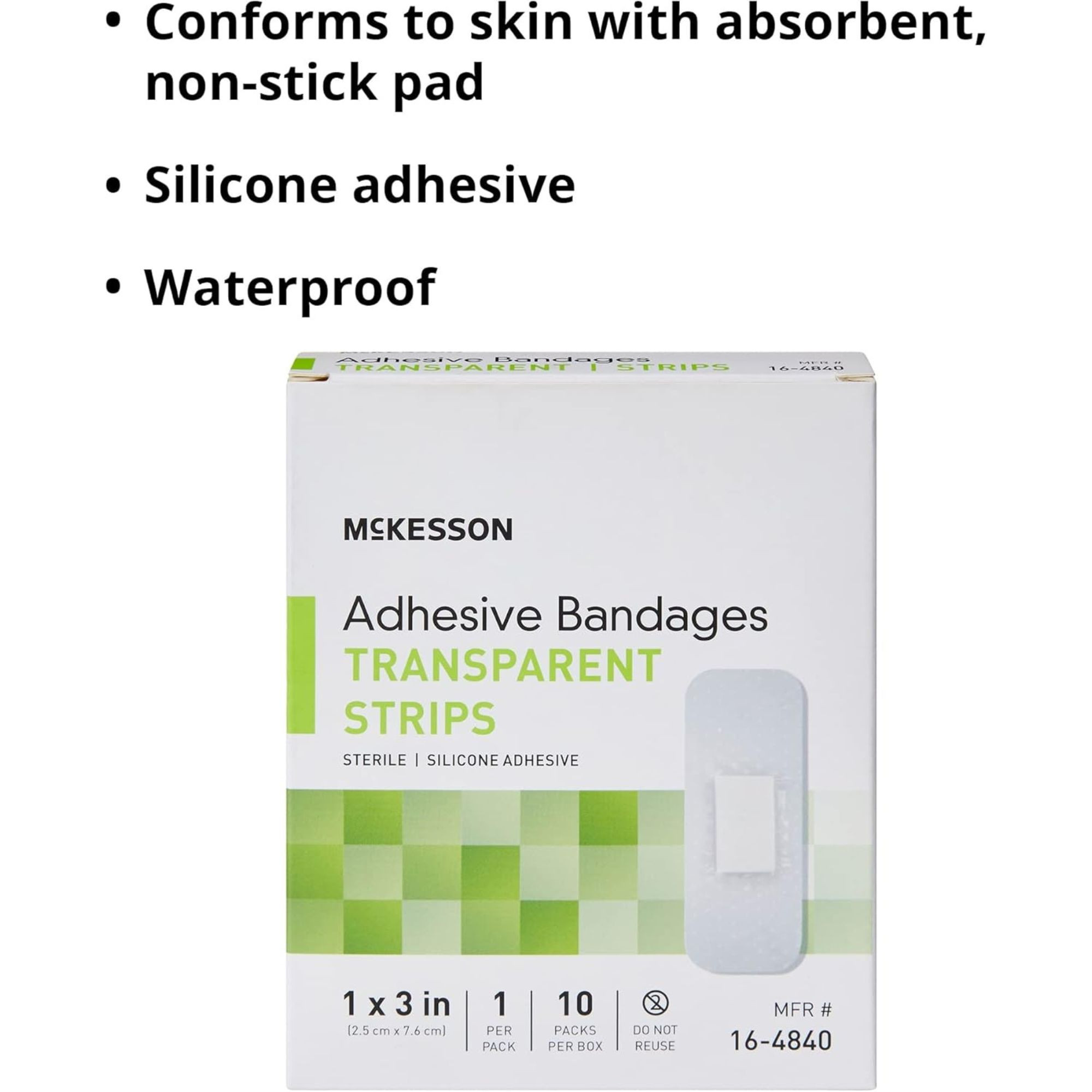 McKesson Transparent Adhesive Bandage Strips. 1 X 3", 16-4840, Box of 10