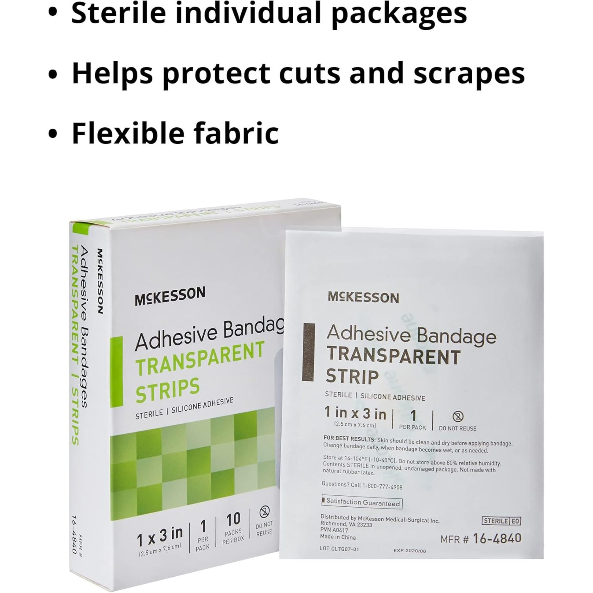 McKesson Transparent Adhesive Bandage Strips. 1 X 3", 16-4840, Box of 10