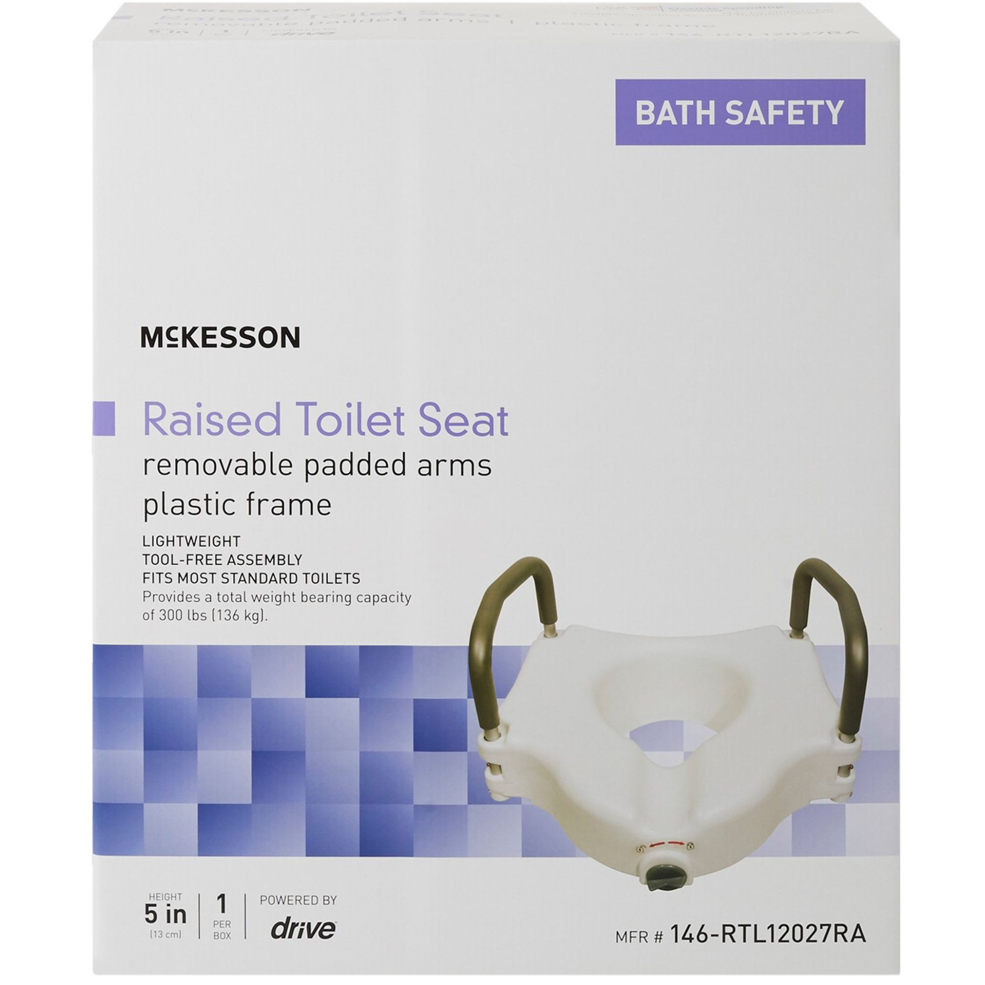 McKesson Raised Toilet Seat, Removable Padded Arms, Plastic Frame, 5" Height