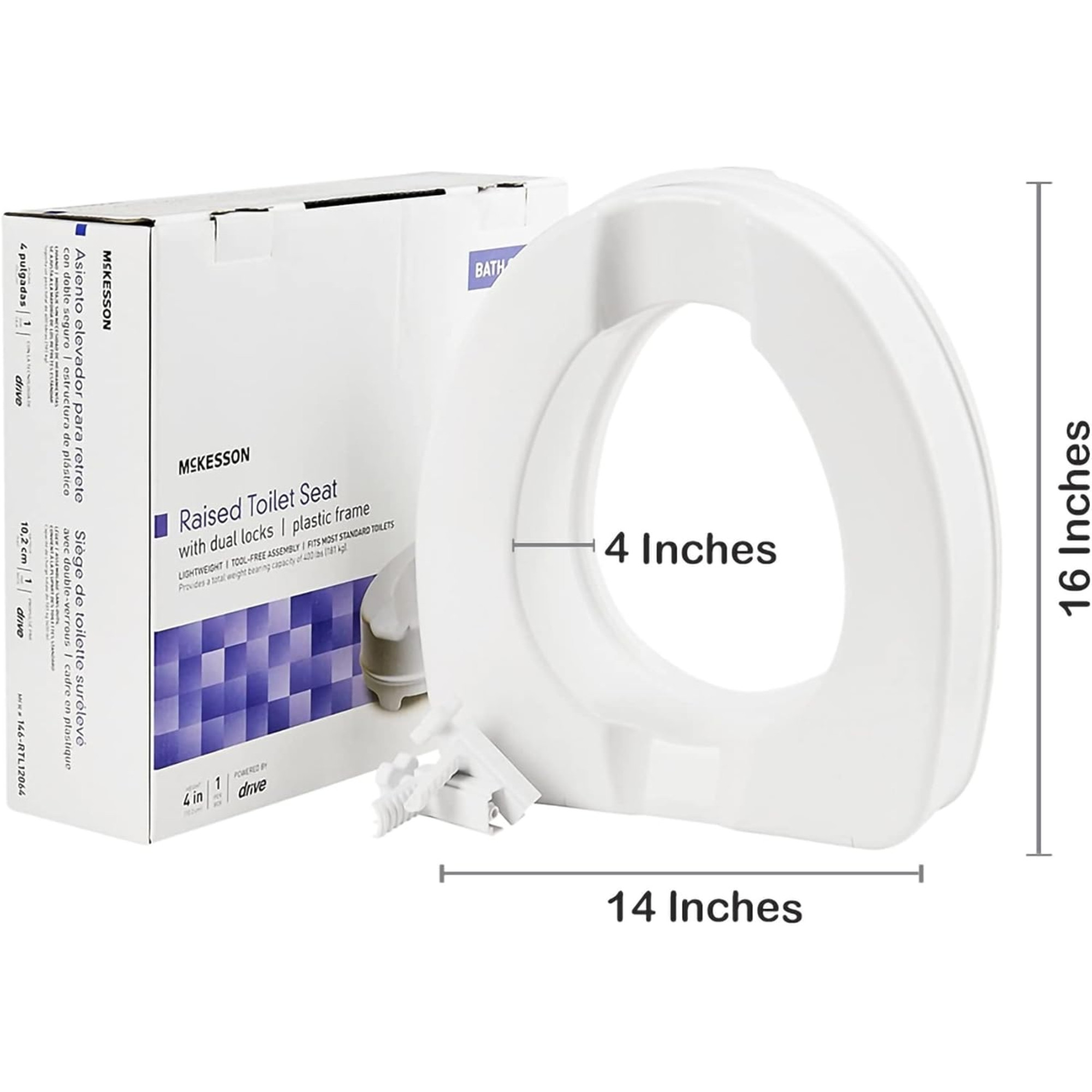 McKesson Raised Toilet Seat with Dual Locks, Plastic Frame, 4" Height