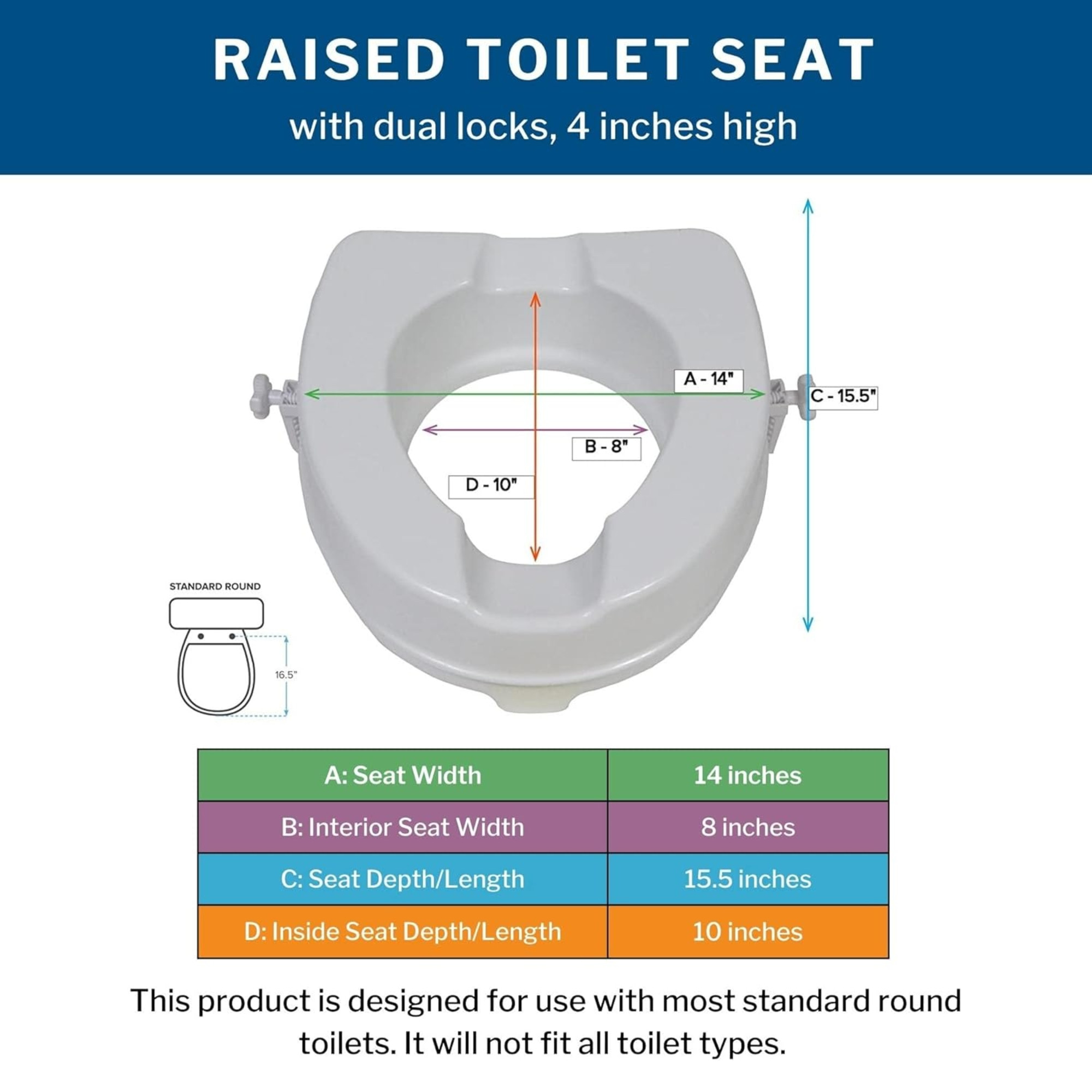 McKesson Raised Toilet Seat with Dual Locks, Plastic Frame, 4" Height