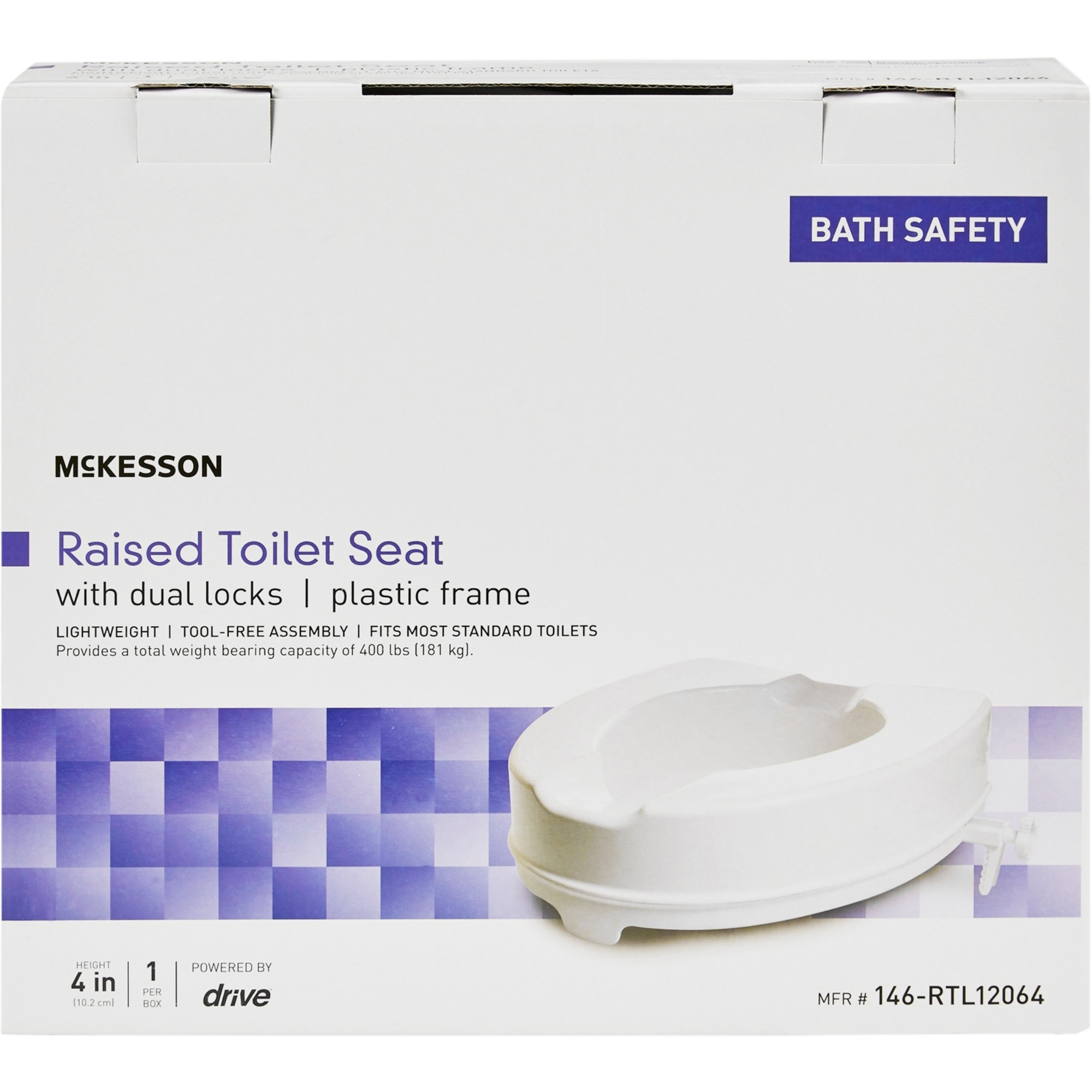 McKesson Raised Toilet Seat with Dual Locks, Plastic Frame, 4" Height