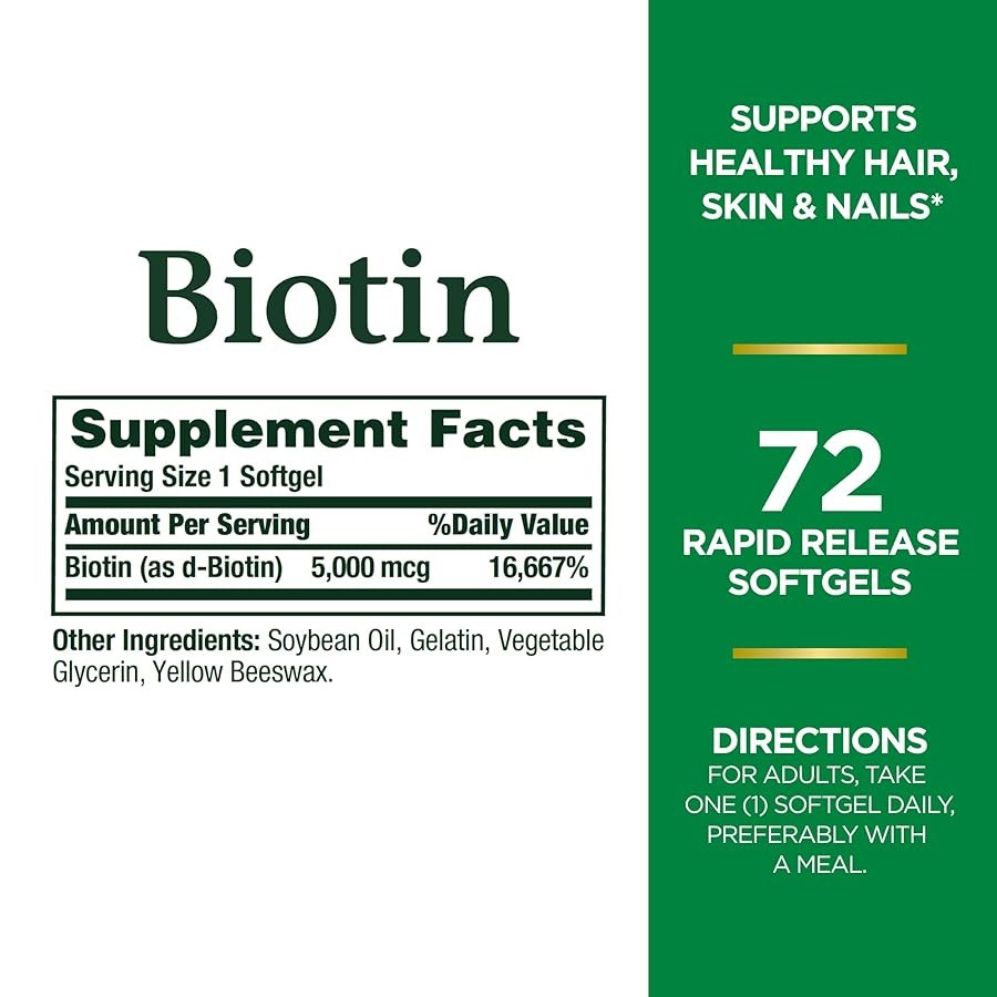 Nature's Bounty Biotin Supplement, 5000 mcg, 72 Softgels