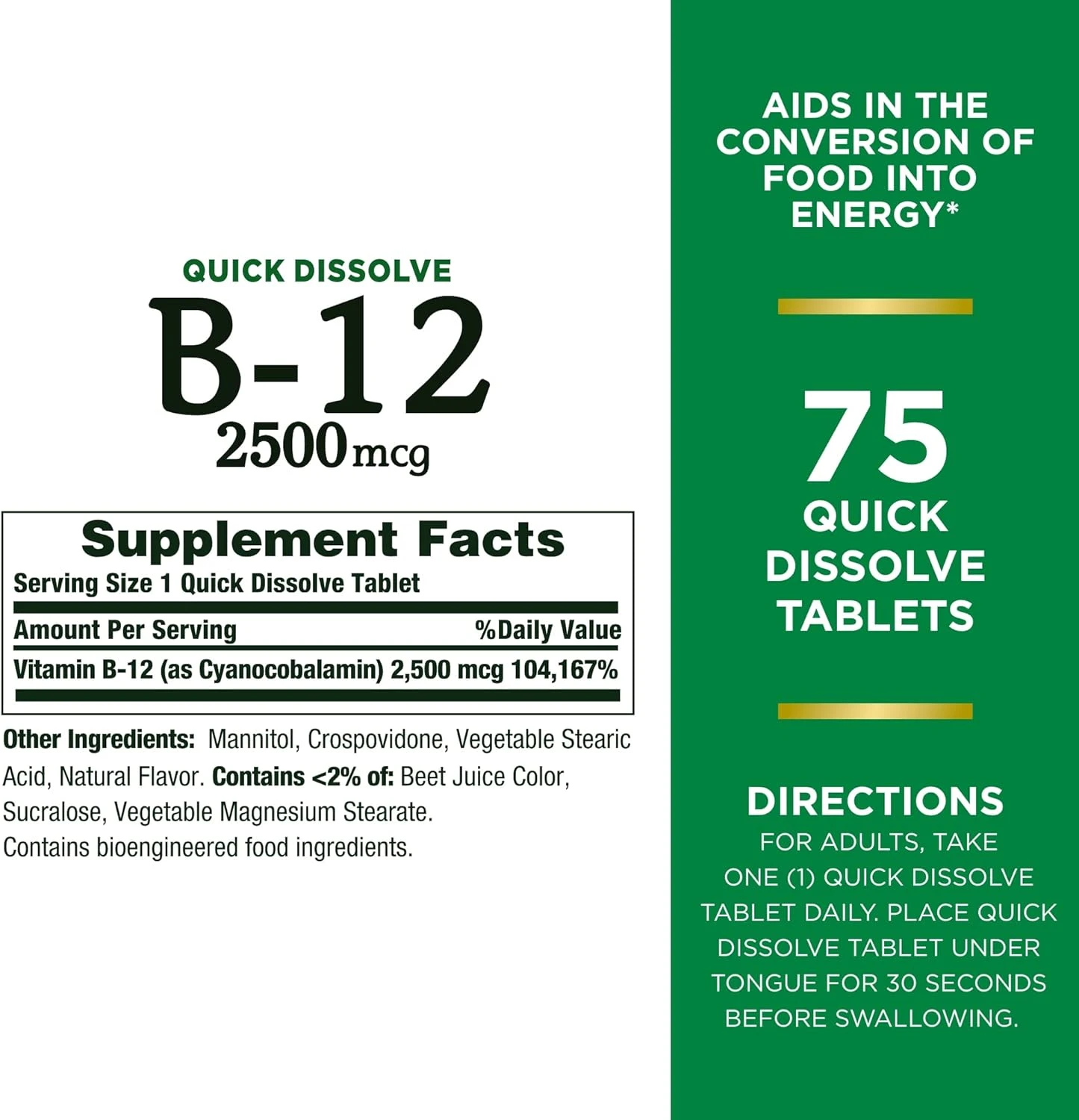Nature's Bounty Quick Dissolve B-12, 2500 mcg, 75 Tablets