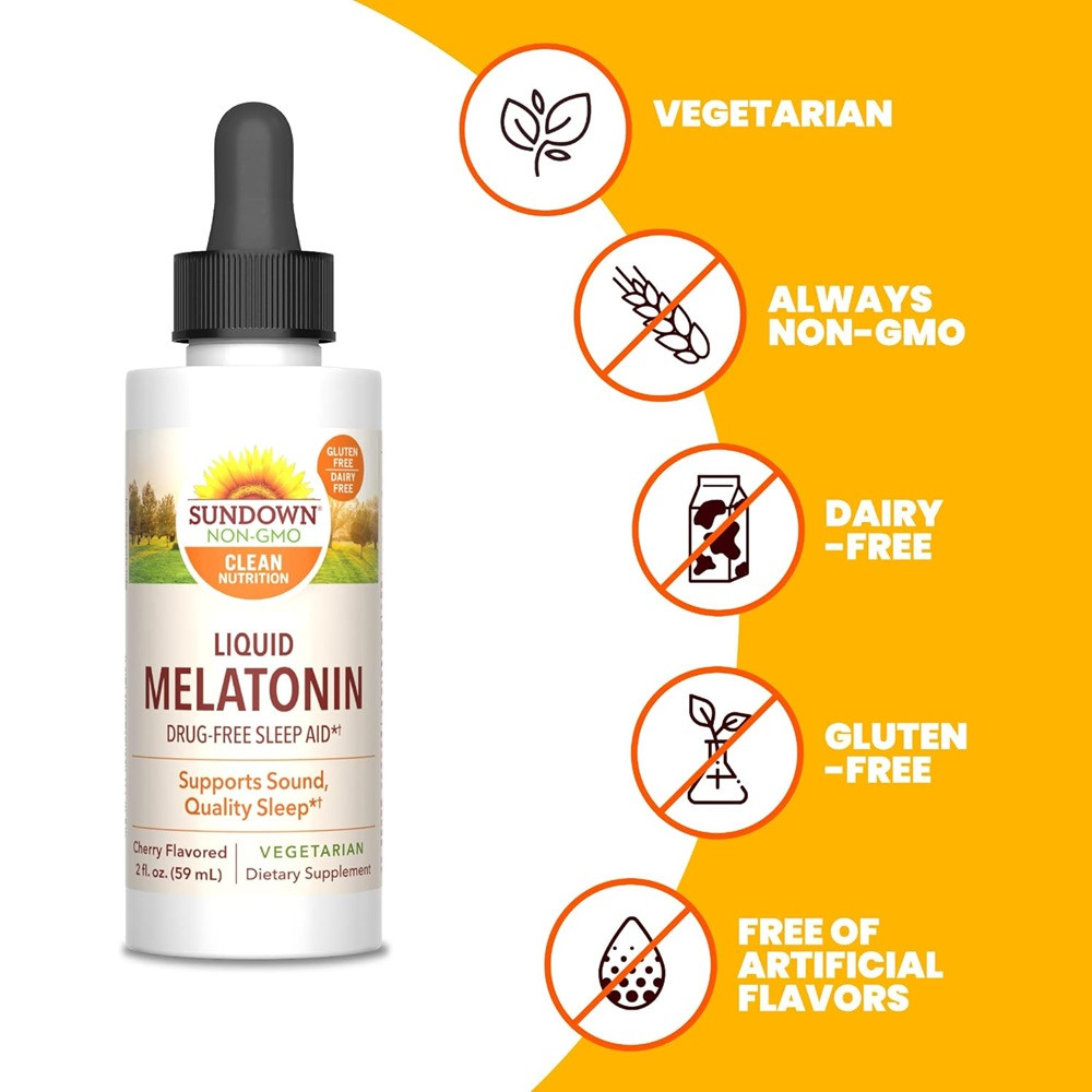 Sundown Liquid Melatonin Drug-Free Sleep Aid, Cherry Flavor, 2 oz.