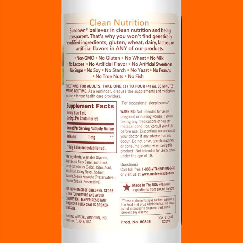 Sundown Liquid Melatonin Drug-Free Sleep Aid, Cherry Flavor, 2 oz.