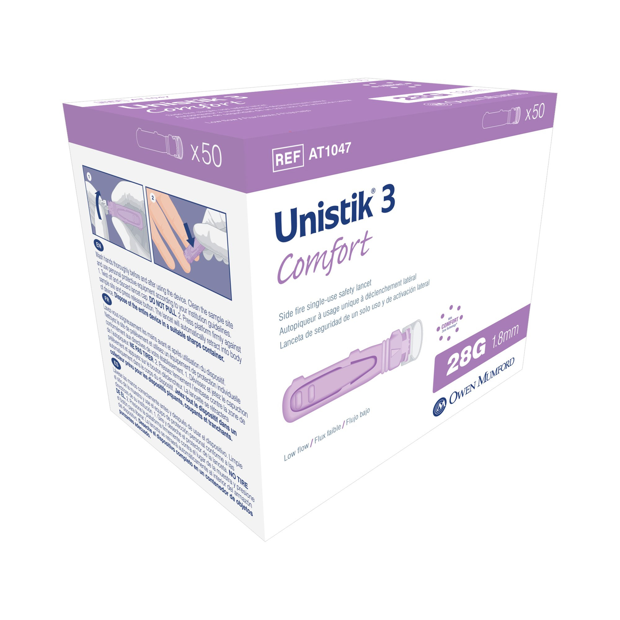 Unistik 3 Comfort Side Fire Single-Use Safety Lancet, 28g , AT-1047, Box of 50