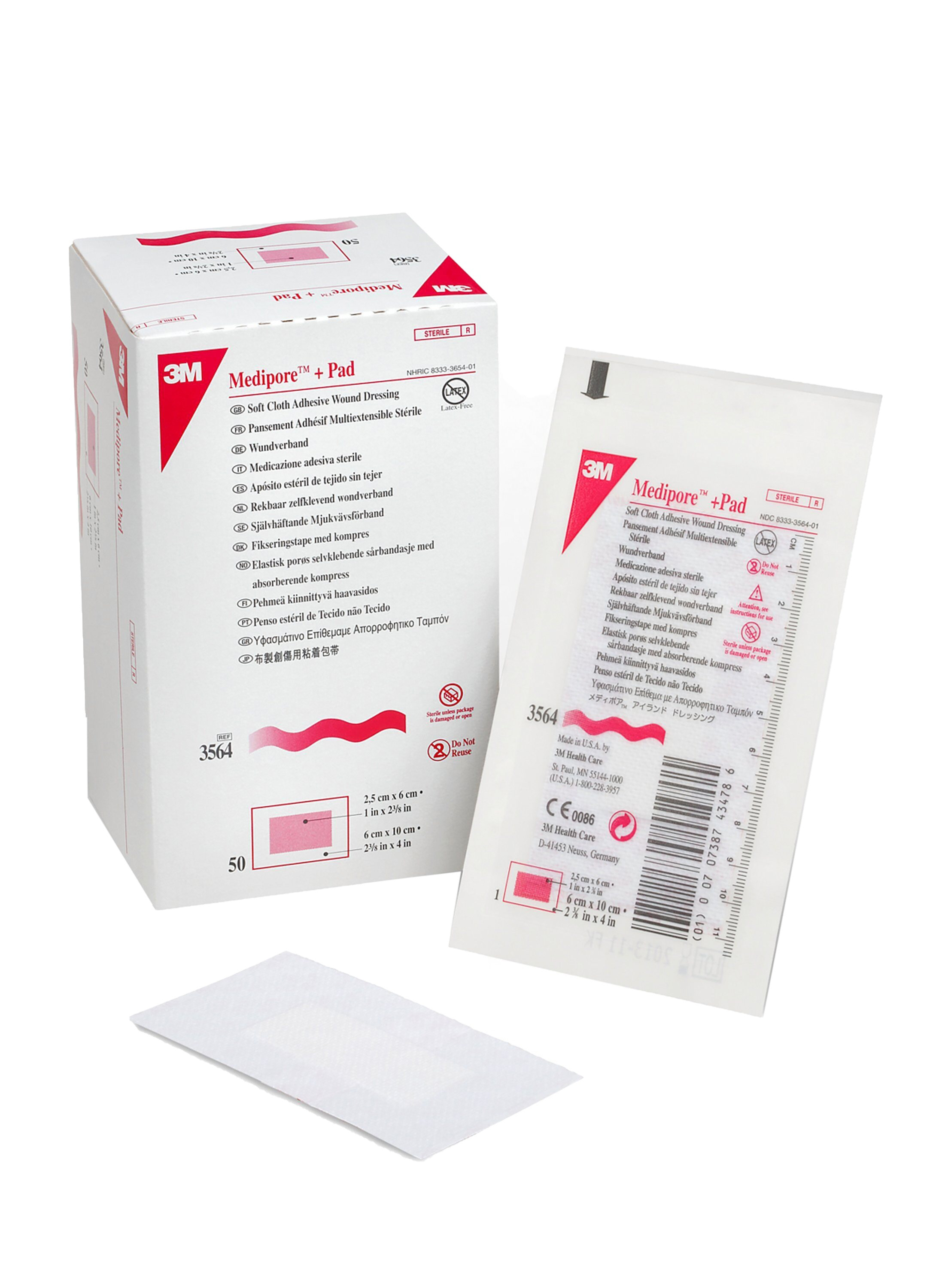 3M Medipore +Pad Soft Cloth Adhesive Wound Dressing, 2-3/8 X 4", 3564, Box of 50
