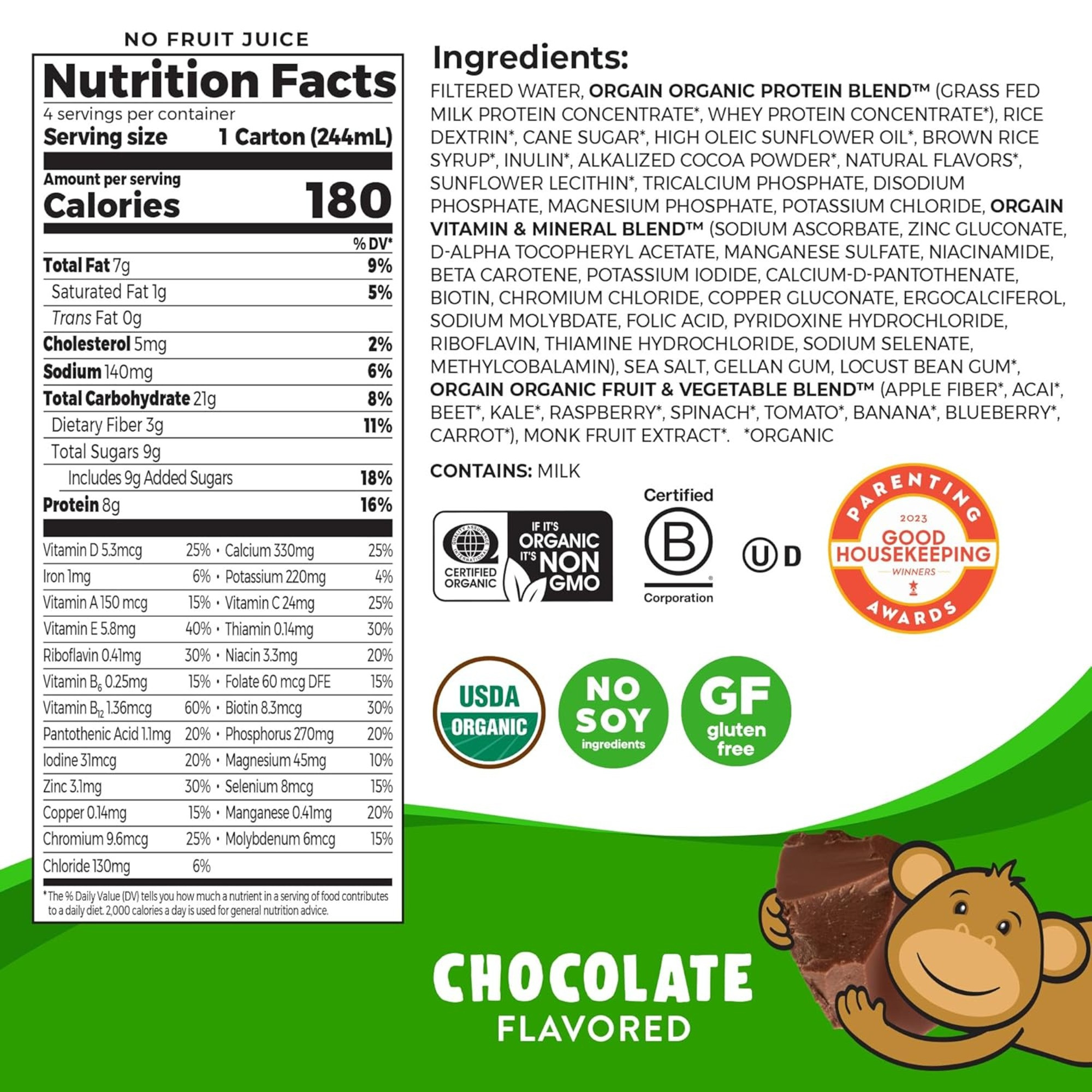 Orgain Kids Grass-Fed Protein Organic Nutritional Shake, Chocolate