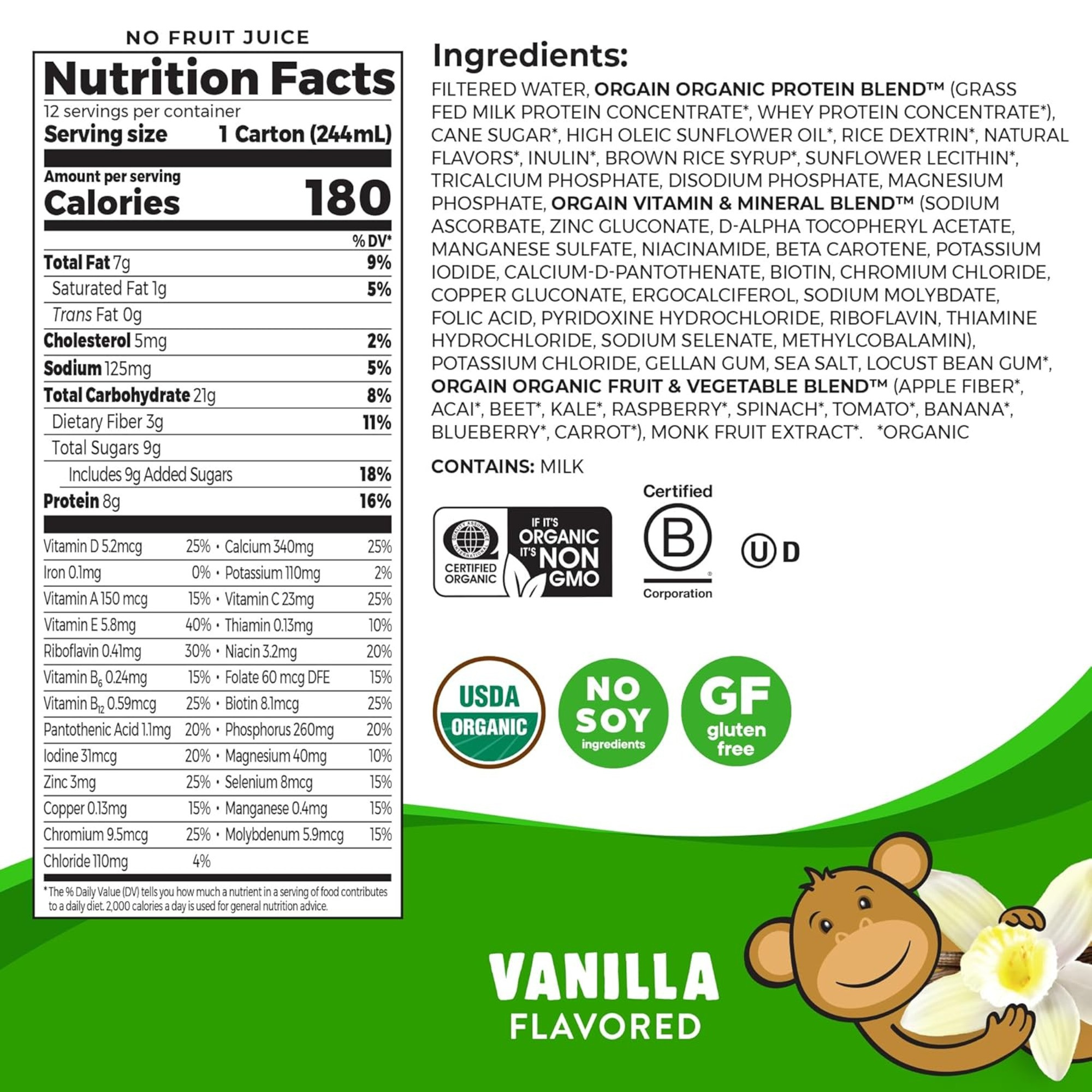 Orgain Kids Grass-Fed Protein Organic Nutritional Shake, Vanilla