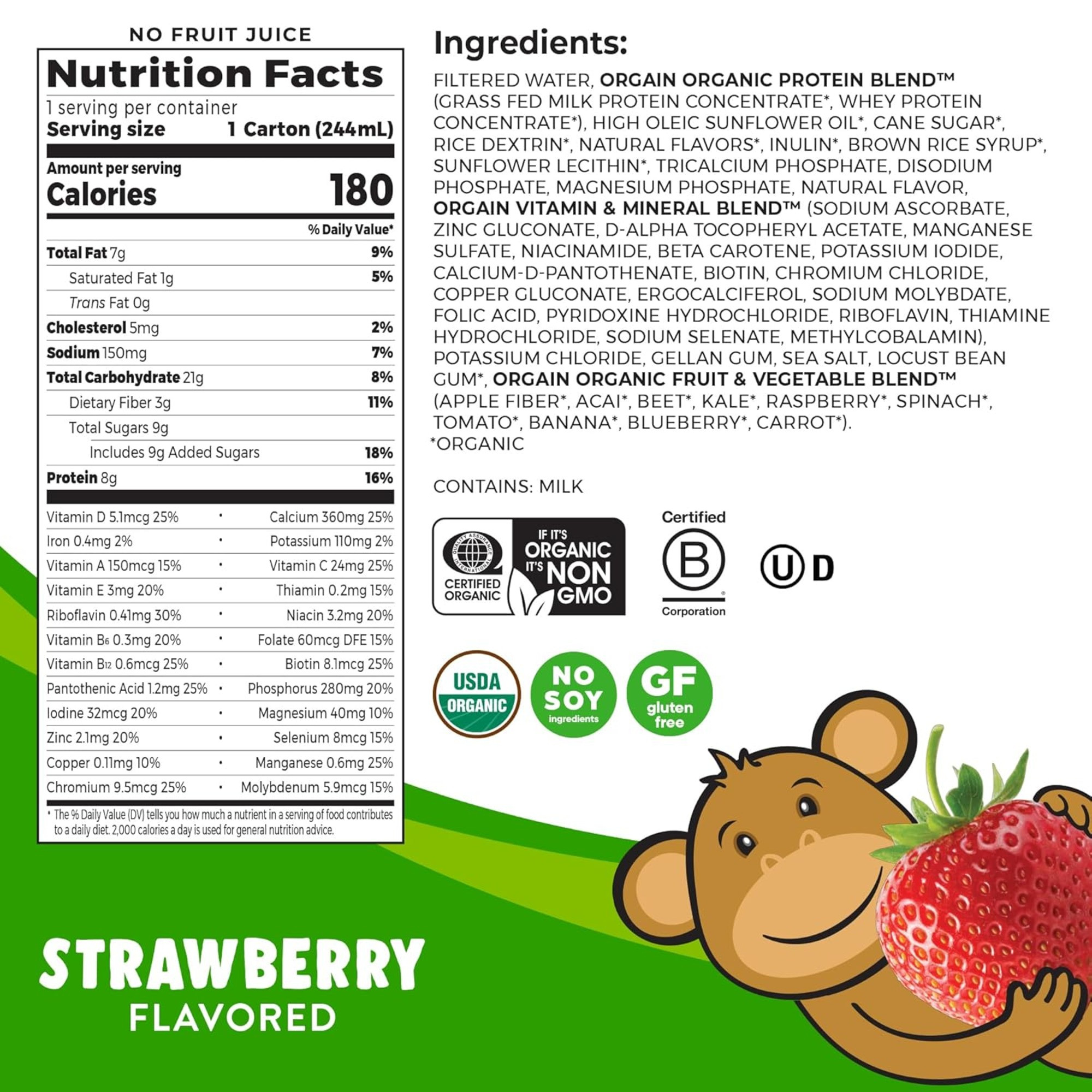 Orgain Kids Grass-Fed Protein Organic Nutritional Shake, Strawberry