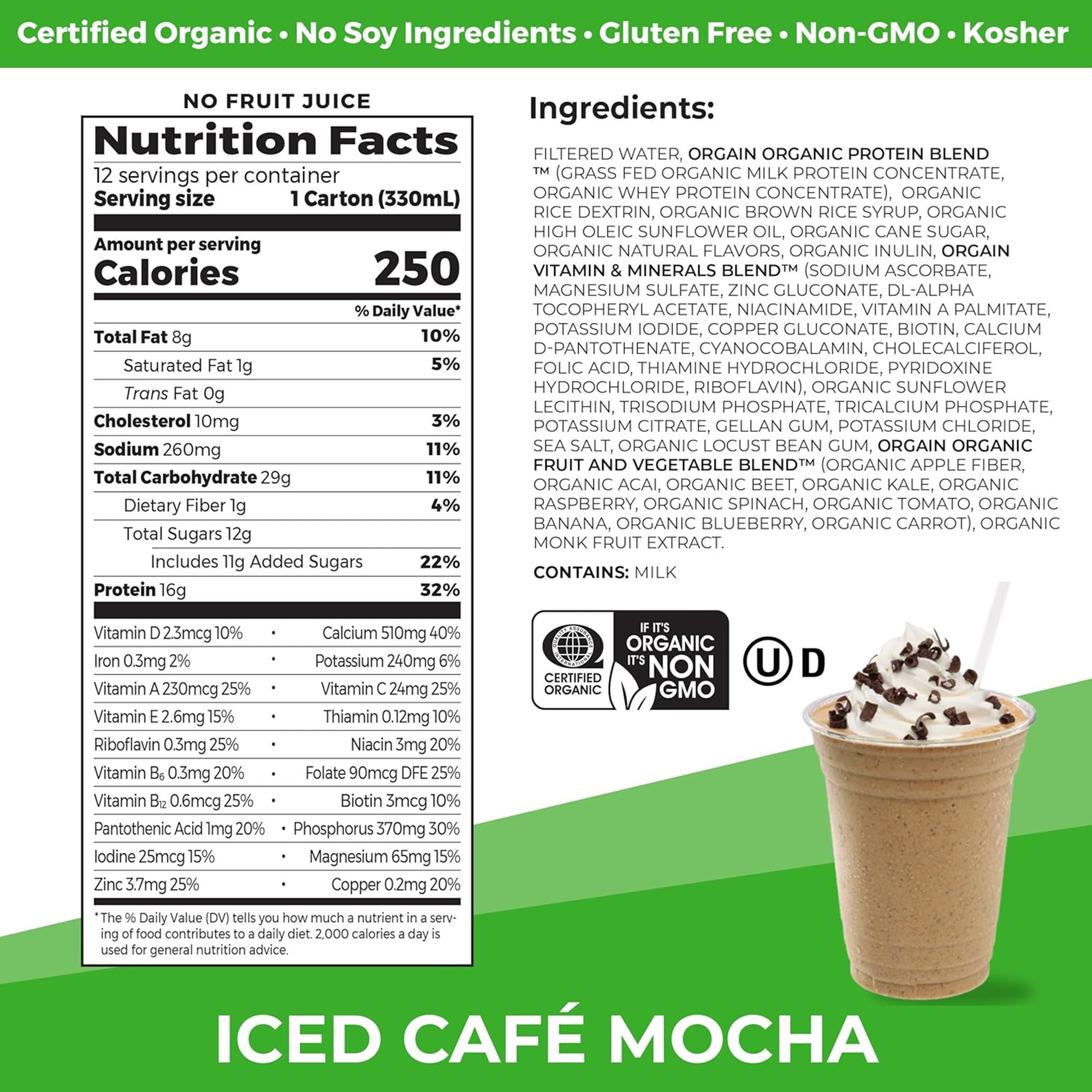 Orgain Organic Nutrition Grass-Fed Protein Shake, Iced Cafe Mocha