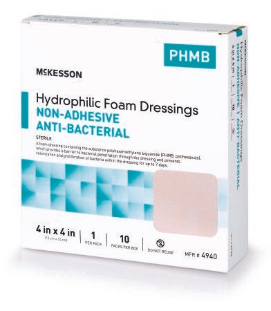 McKesson Non-Adhesive Antibacterial Hydrophilic Foam Dressings, 4 X 4", 4940, Box of 10