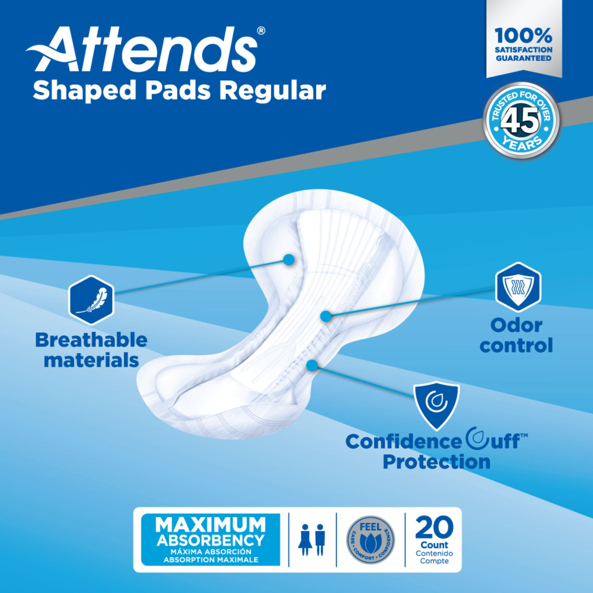 Attends Shaped Adult Incontinence Pads Regular, Heavy Absorbency