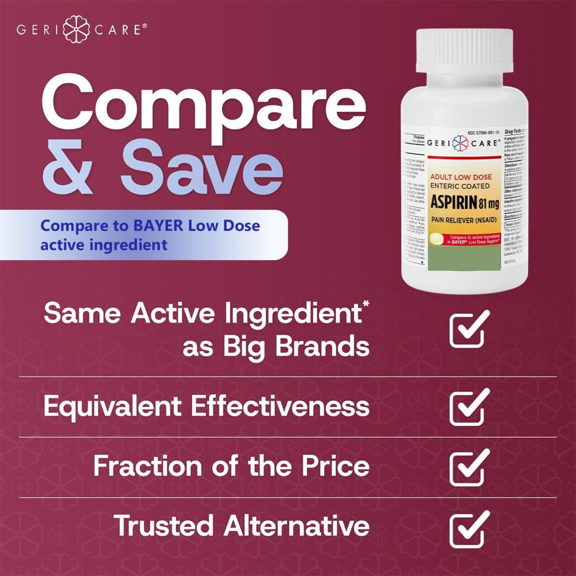 Geri-Care Adult Low Dose Enteric Coated Aspirin Pain Reliever, 81 mg