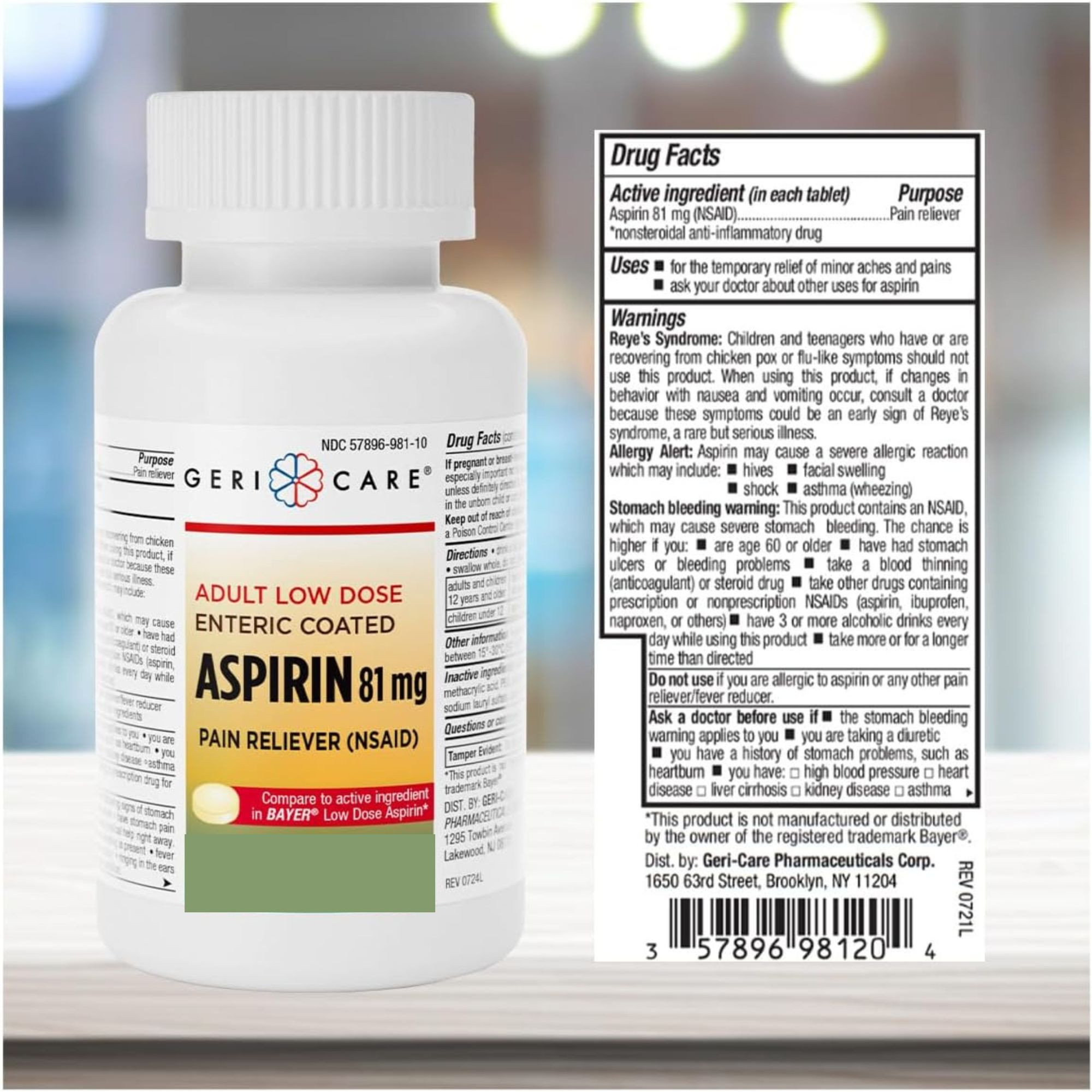 Geri-Care Adult Low Dose Enteric Coated Aspirin Pain Reliever, 81 mg