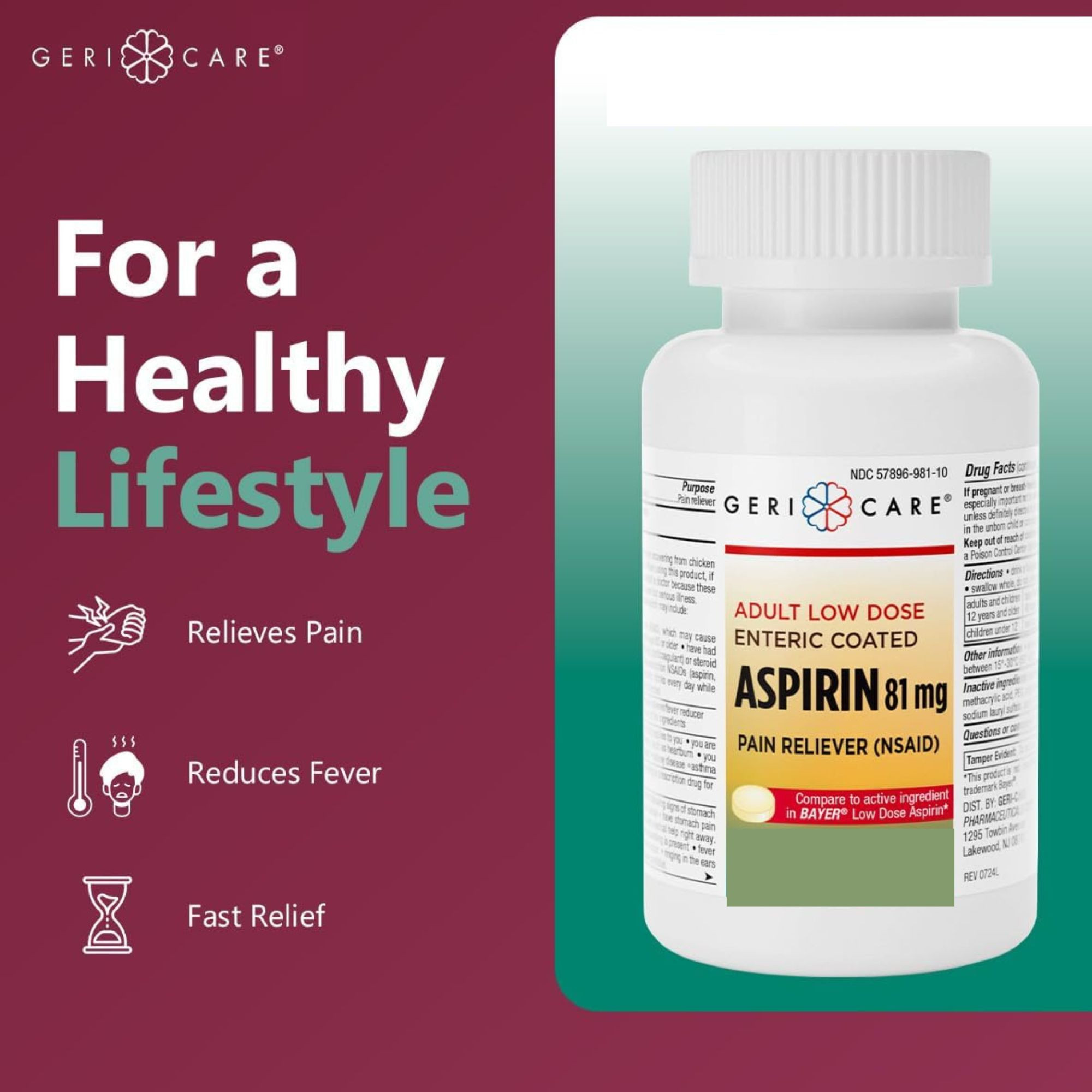 Geri-Care Adult Low Dose Enteric Coated Aspirin Pain Reliever, 81 mg