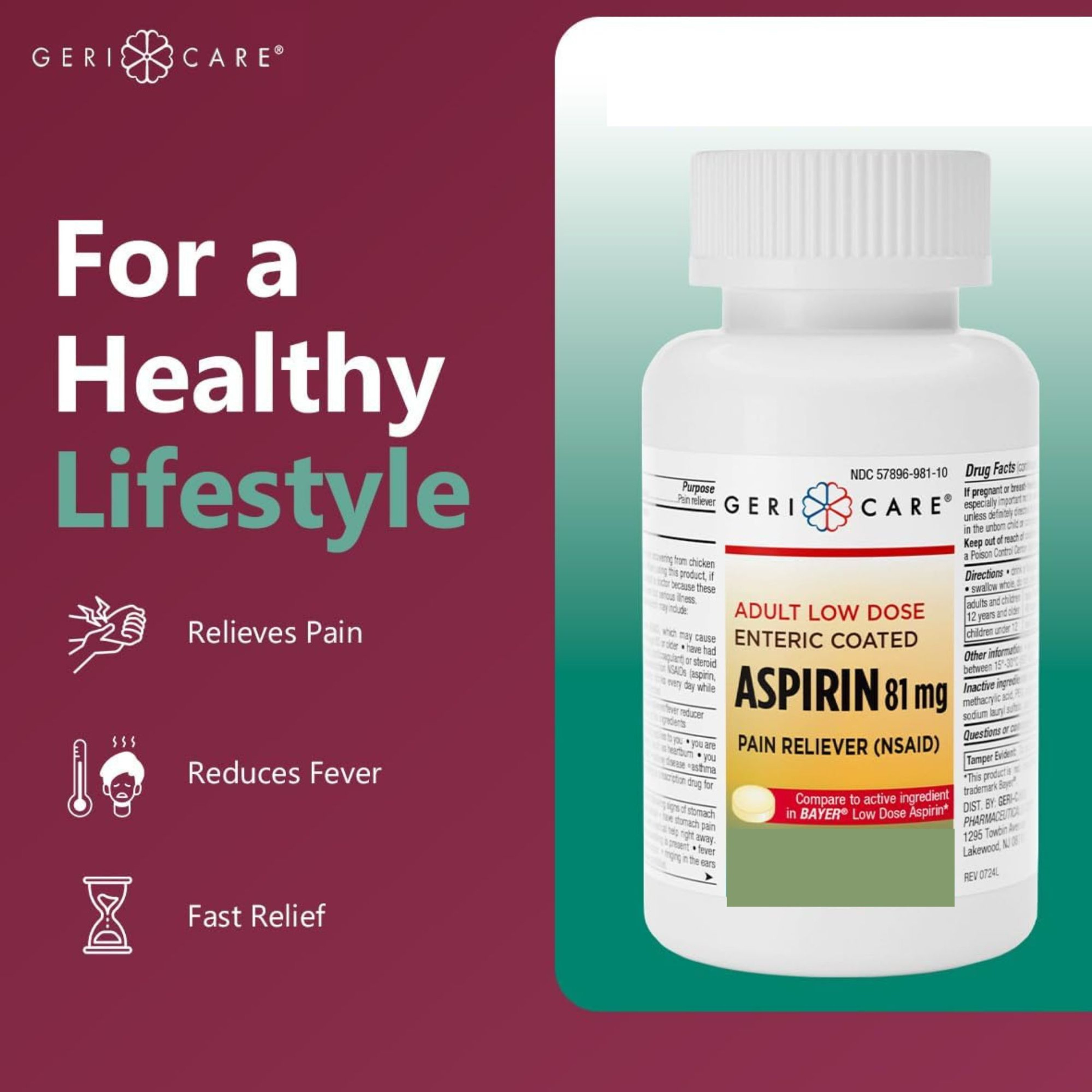 Geri-Care Adult Low Dose Enteric Coated Aspirin Pain Reliever, 81 mg