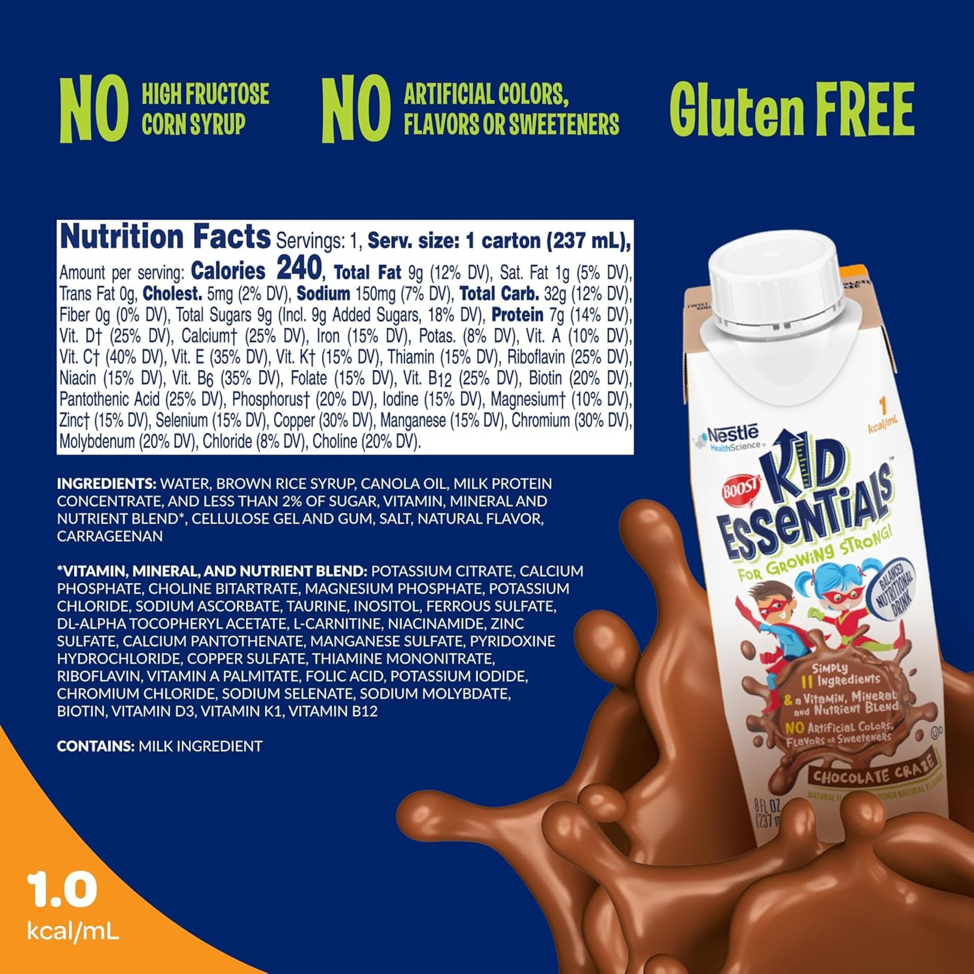 Boost Kid Essentials 1.0 Nutritionally Complete Drink, 8 oz., Chocolate Craze, 00043900913599, 1 Each