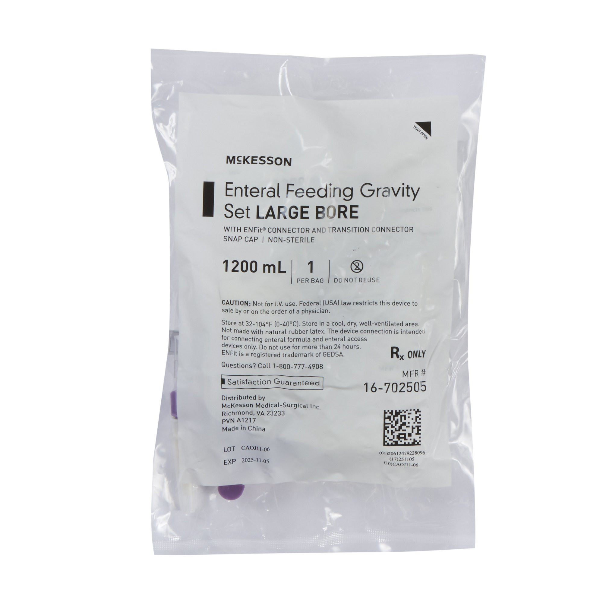 McKesson Gravity Feeding Bag Set with ENFit Connector, 1200 mL