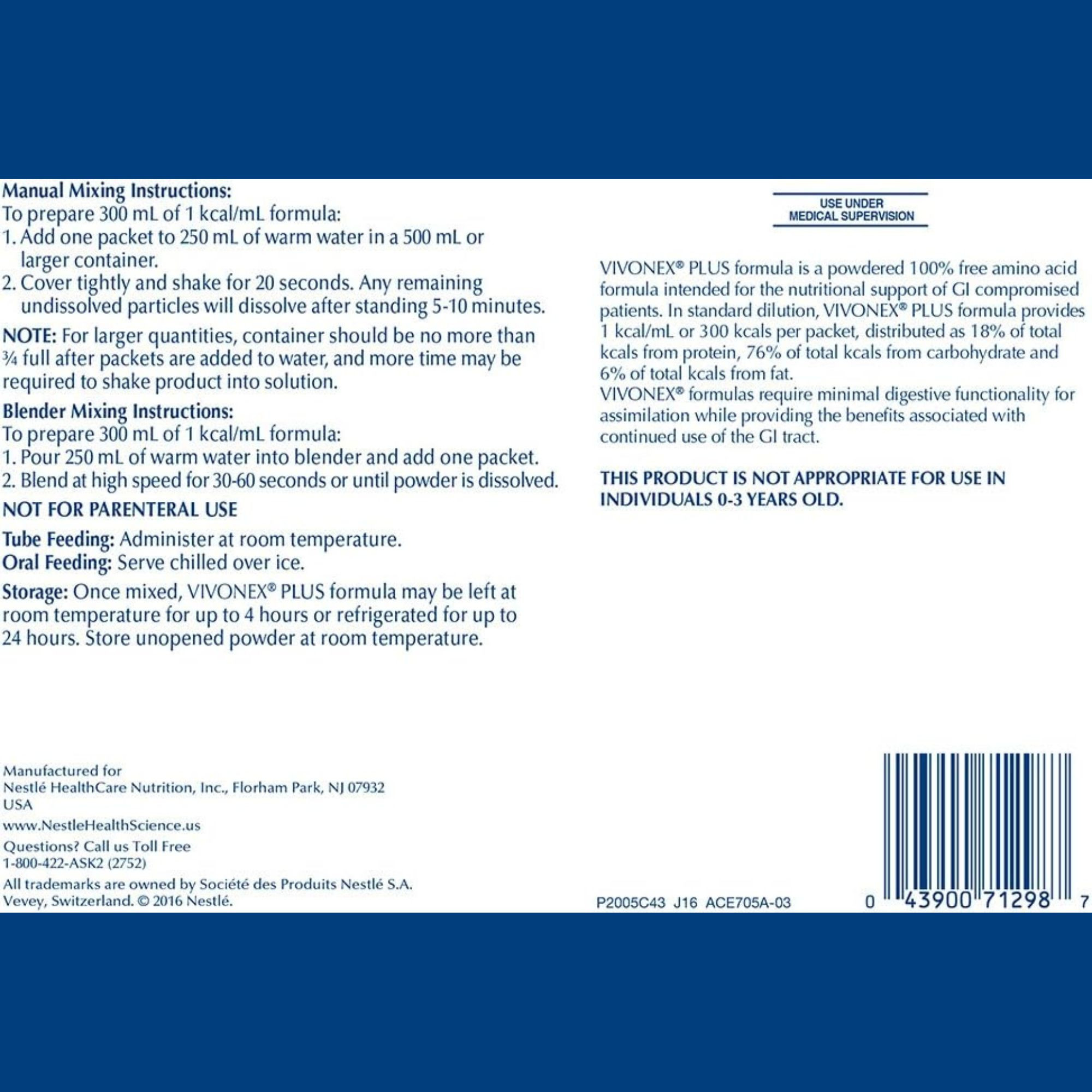 Nestle HealthScience Vivonex Plus Elemental Powder, Unflavored, 2.8 oz. Packets, 07129800, Box of 6