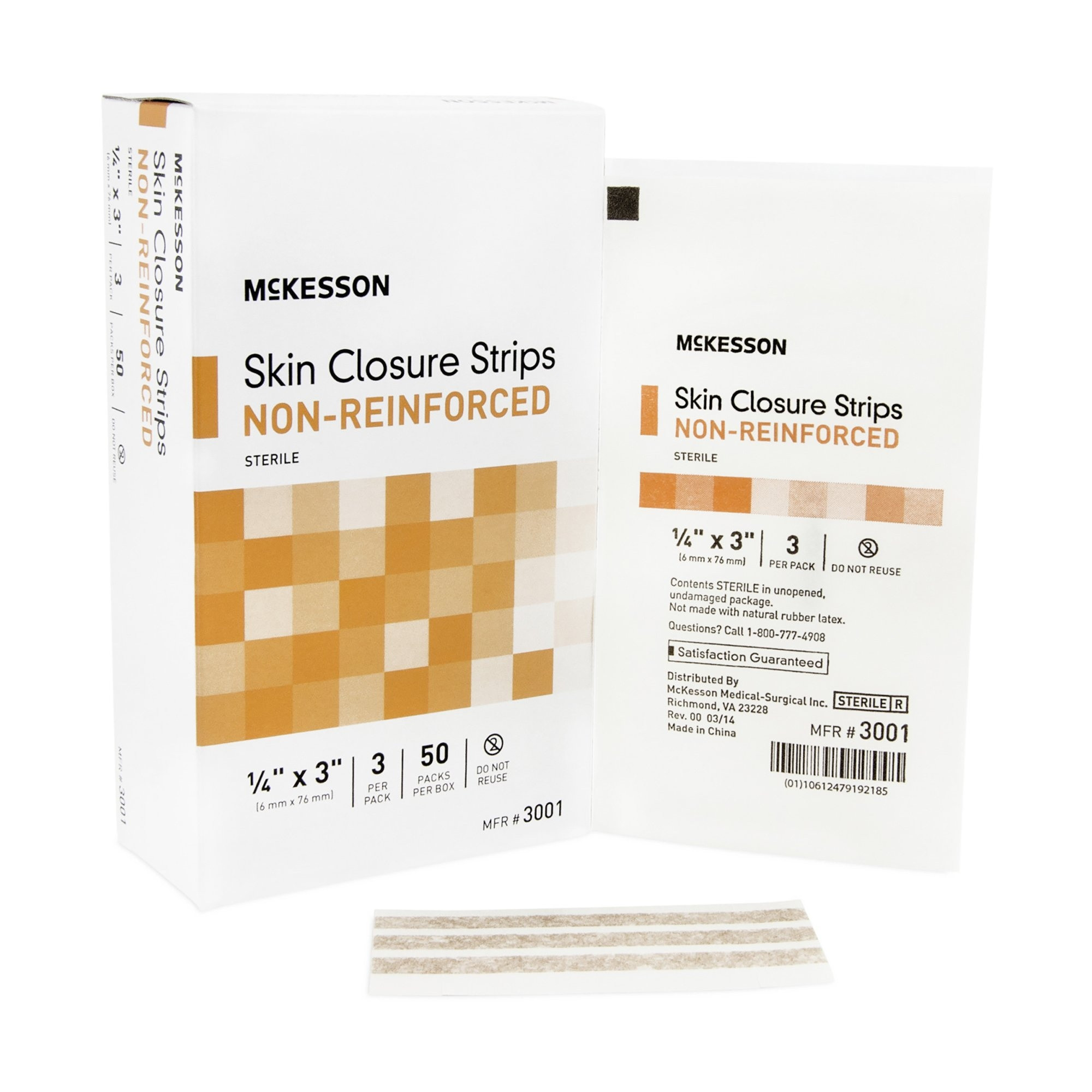 McKesson Non-Reinforced Skin Closure Strips, 0.25 X 3", 3001, Box of 50
