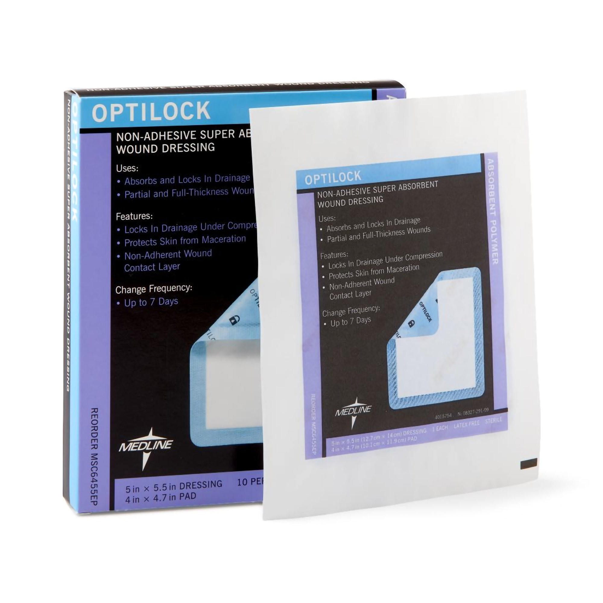 Medline Optilock Non-Adhesive Super Absorbent Wound Dressing, 5 X 5.5", MSC6455EP, Box of 10
