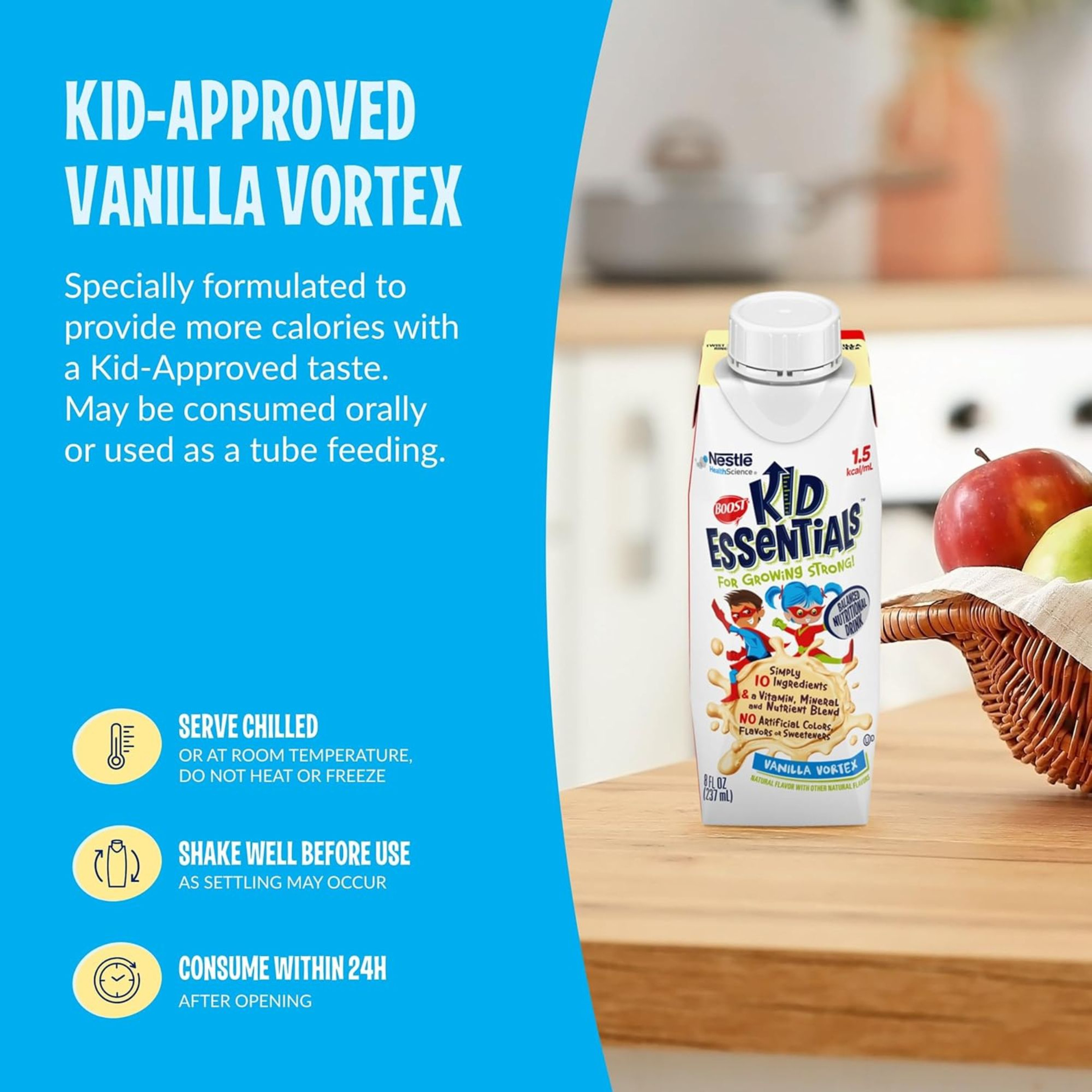 Boost Kid Essentials 1.5 Pediatric Oral Supplement/Tube Feeding Formula, Carton, Vanilla Vortex, 8 oz., 00043900585413, Case of 24