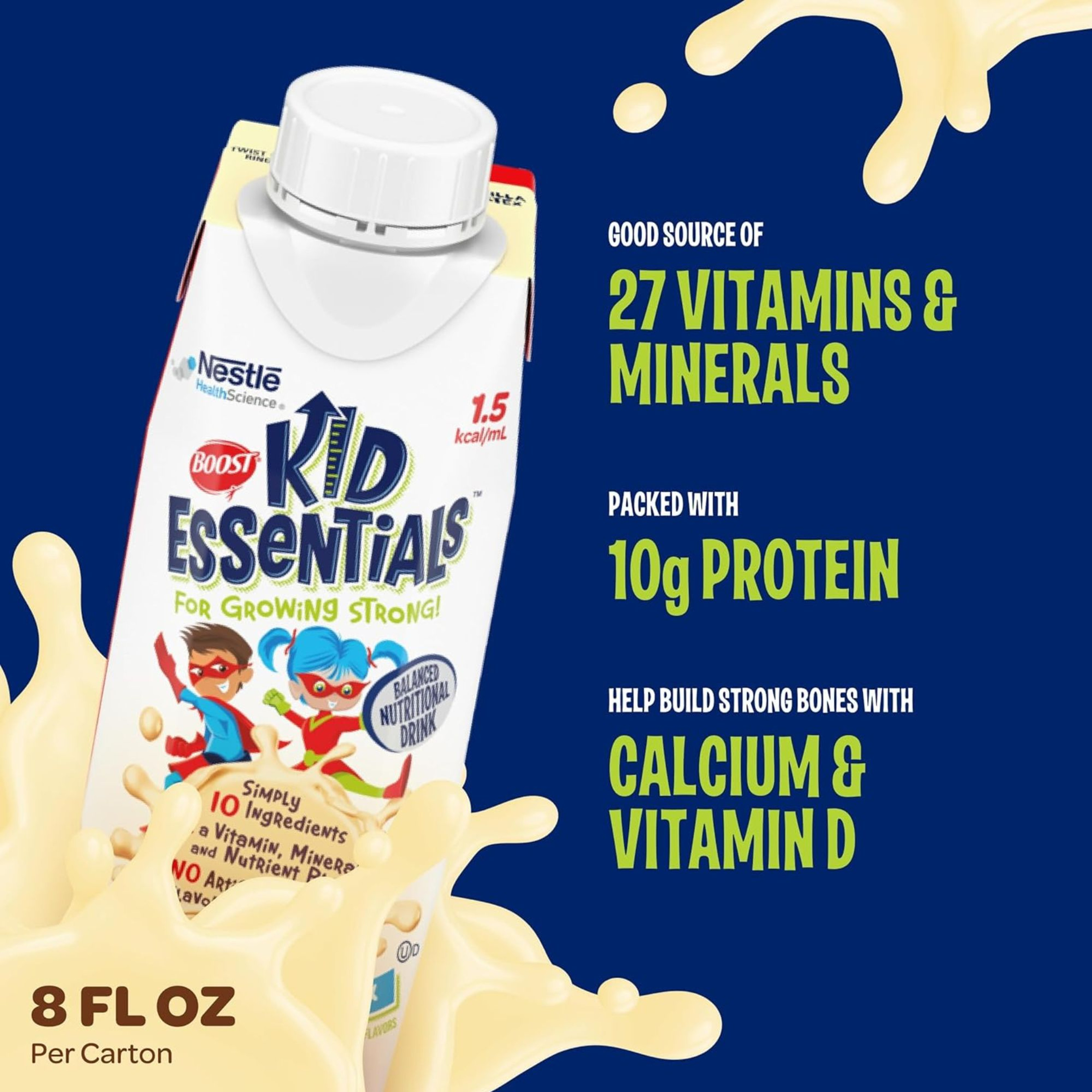 Boost Kid Essentials 1.5 Pediatric Oral Supplement/Tube Feeding Formula, Carton, Vanilla Vortex, 8 oz., 00043900585413, Case of 24
