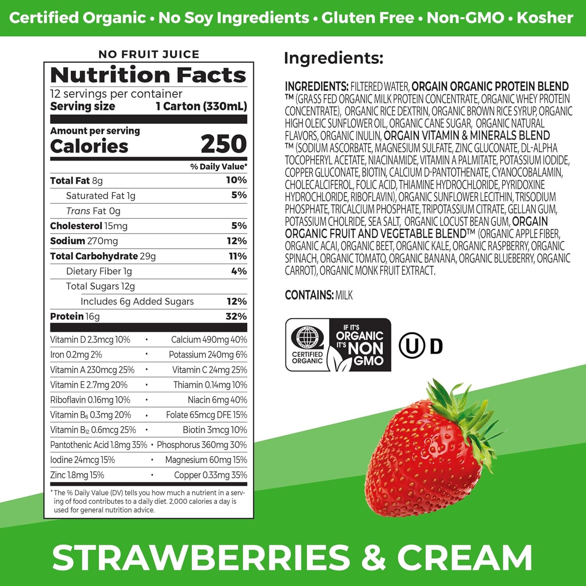 Orgain Organic Nutrition Grass-Fed Protein Shake, Strawberries & Cream