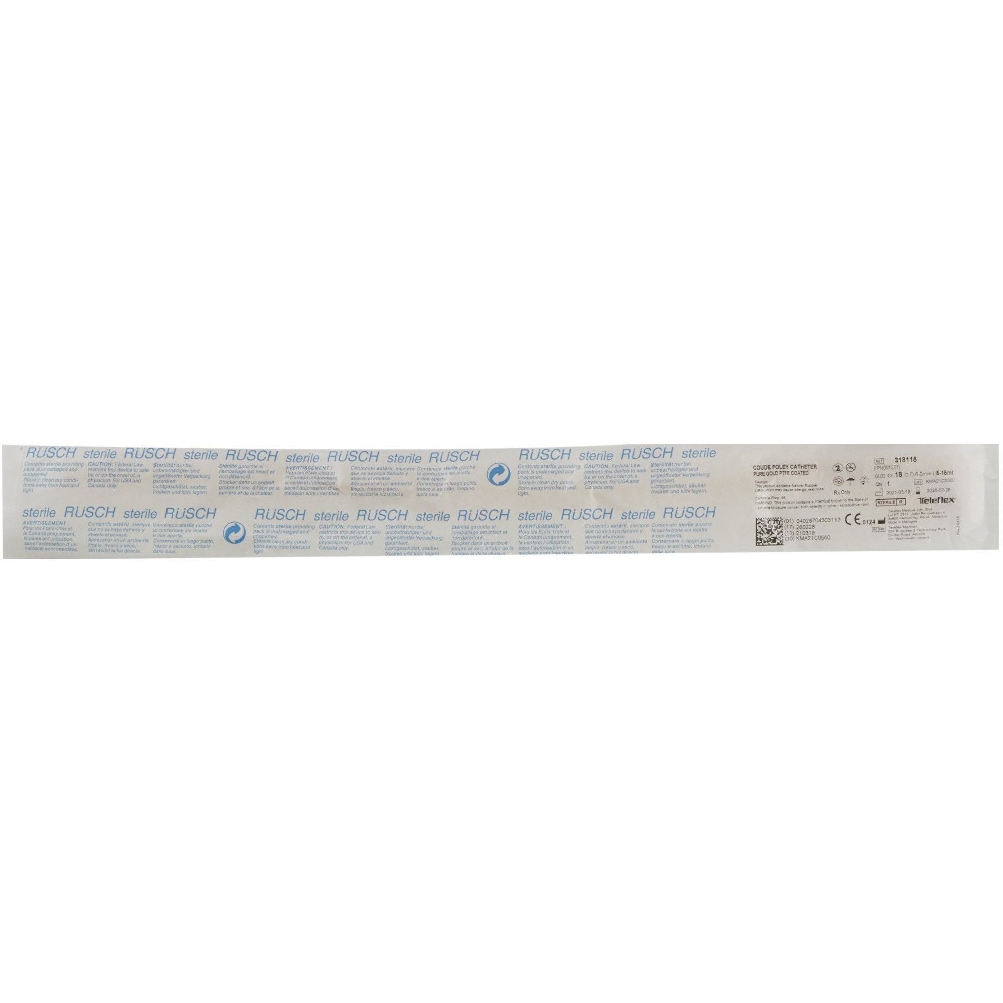 Rusch PureGold 2-Way Teflon Coated Foley Catheter, Coude Tip, 5 cc, 318118, 18 Fr. - Box of 10