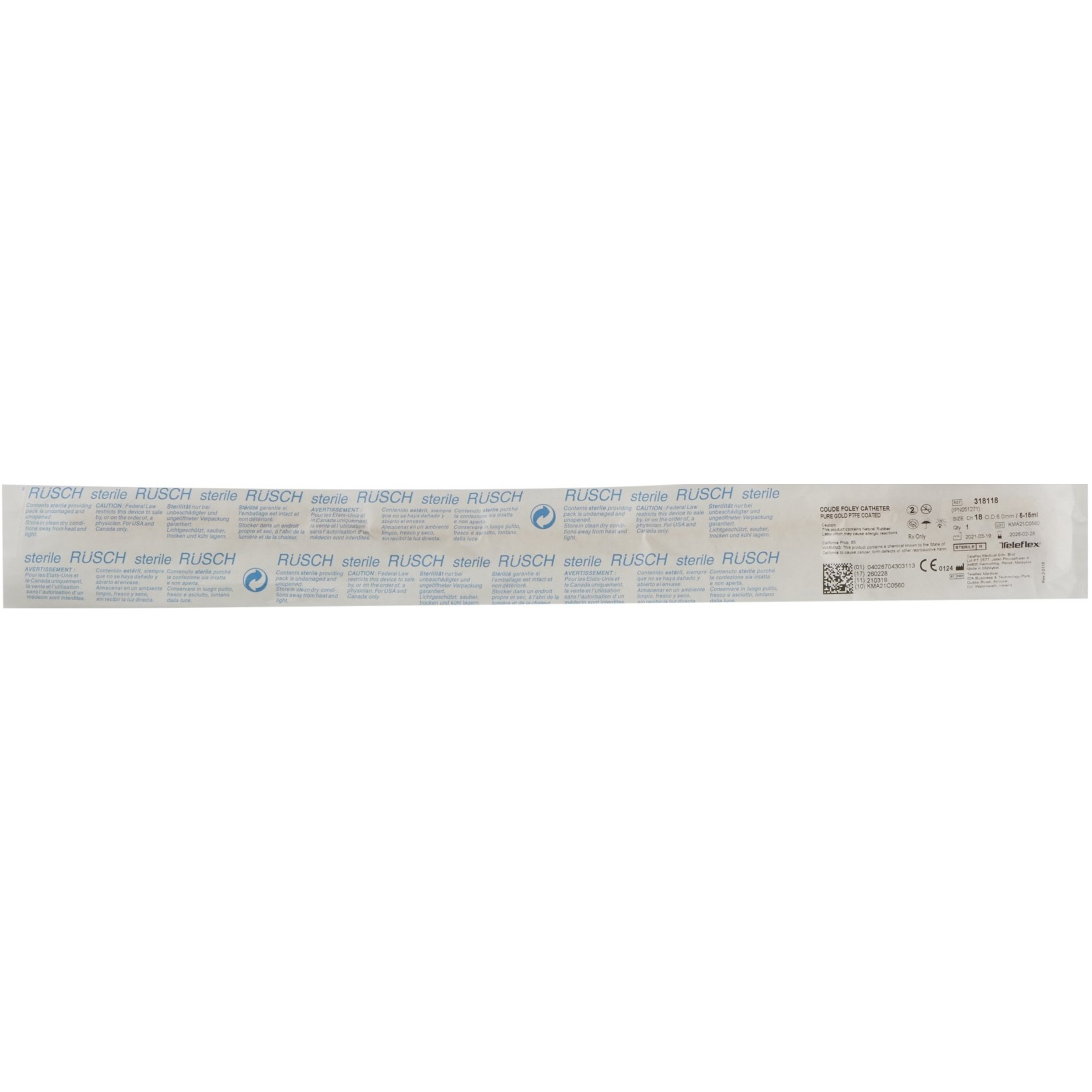 Rusch PureGold 2-Way Teflon Coated Foley Catheter, Coude Tip, 5 cc, 318118, 18 Fr. - Box of 10