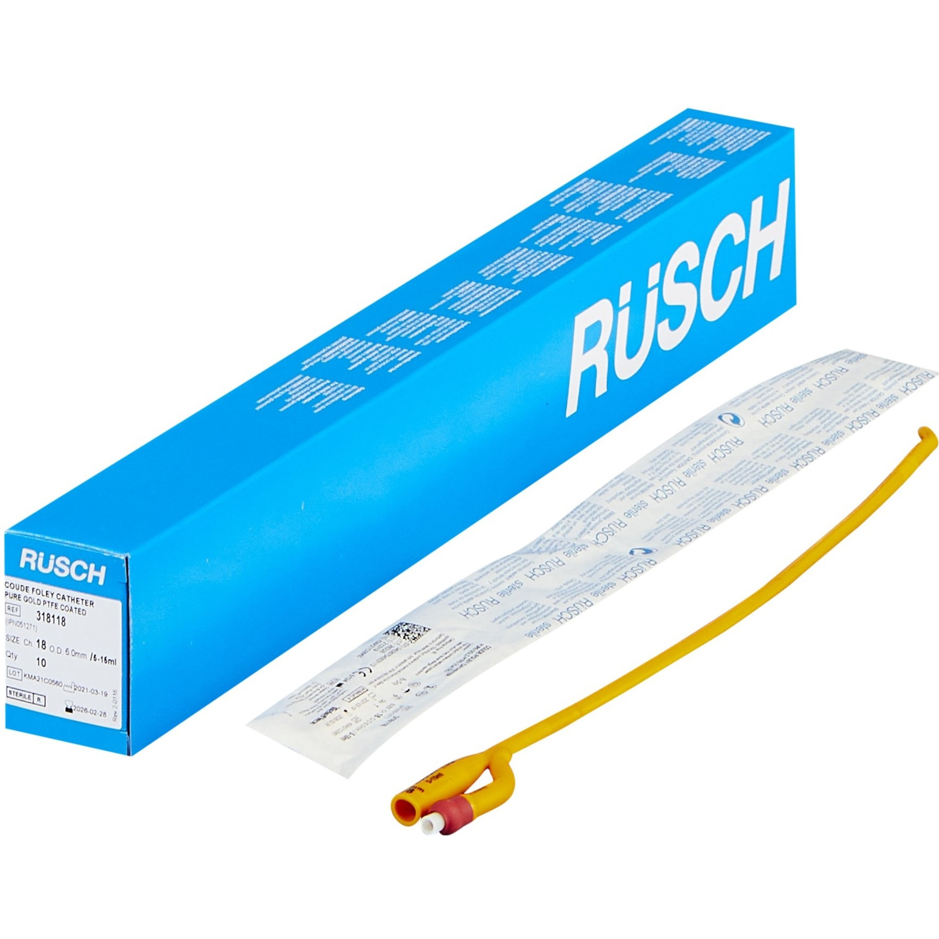 Rusch PureGold 2-Way Teflon Coated Foley Catheter, Coude Tip, 5 cc, 318118, 18 Fr. - Box of 10