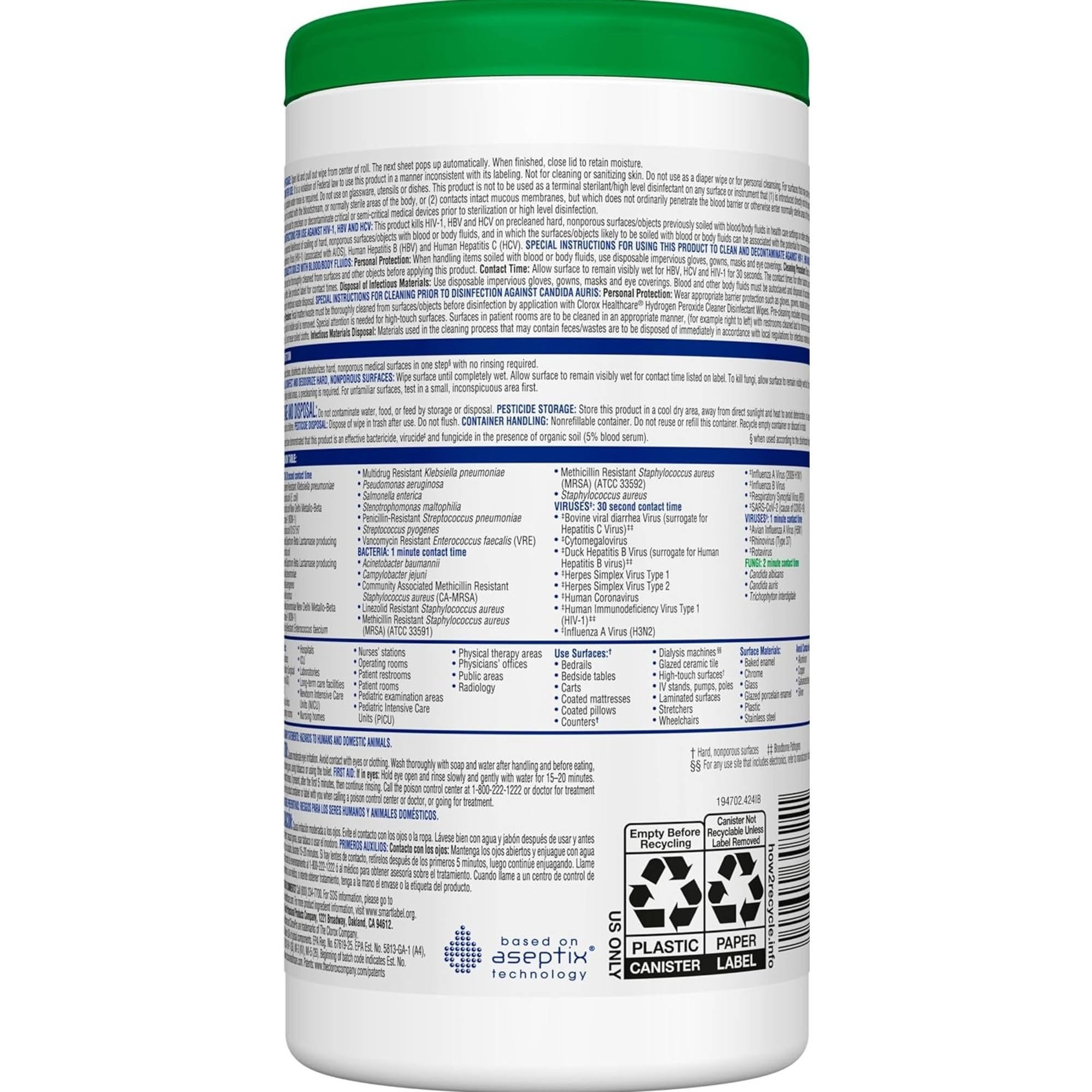 Clorox Healthcare Hydrogen Peroxide Cleaner Disinfectant Wipes, Premoistened Germicidal, 30824, Canister of 95