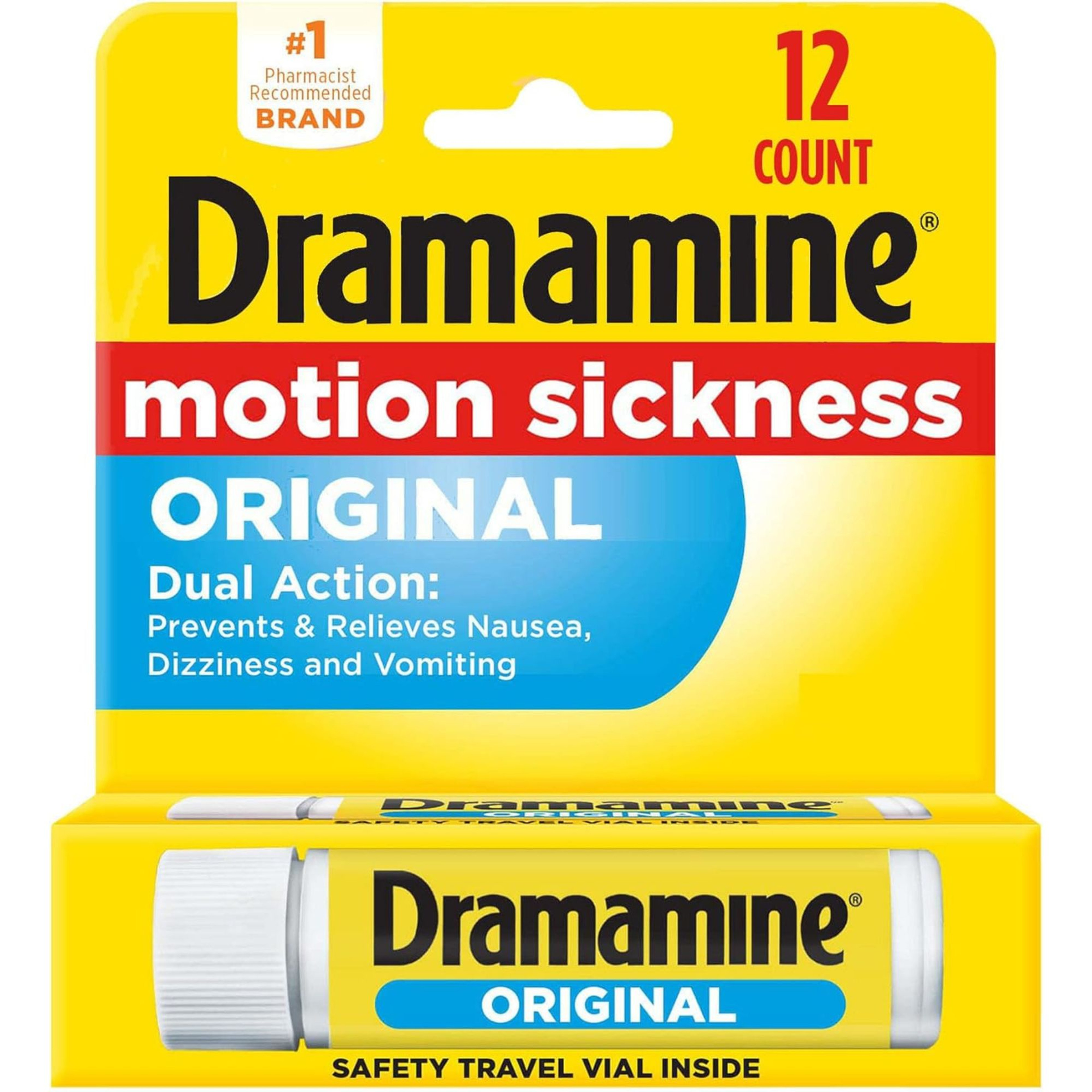 Dramamine Original Formula Motion Sickness Relief, 50 mg., 83124800197, Bottle of 12 Tablets