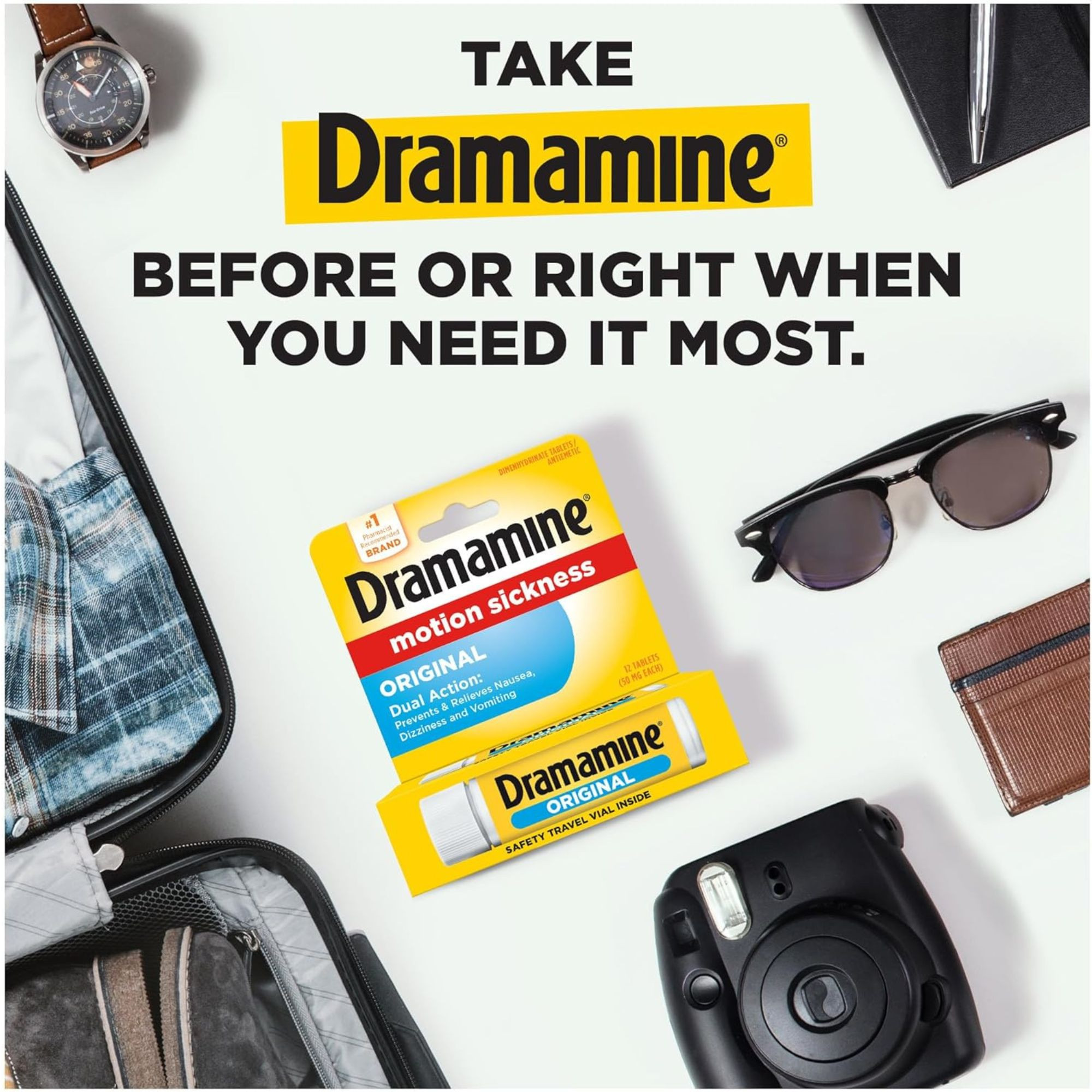 Dramamine Original Formula Motion Sickness Relief, 50 mg., 83124800197, Bottle of 12 Tablets