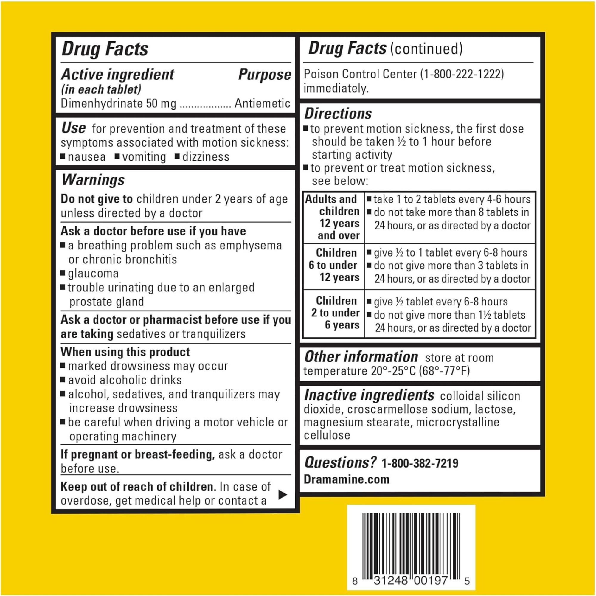 Dramamine Original Formula Motion Sickness Relief, 50 mg., 83124800197, Bottle of 12 Tablets