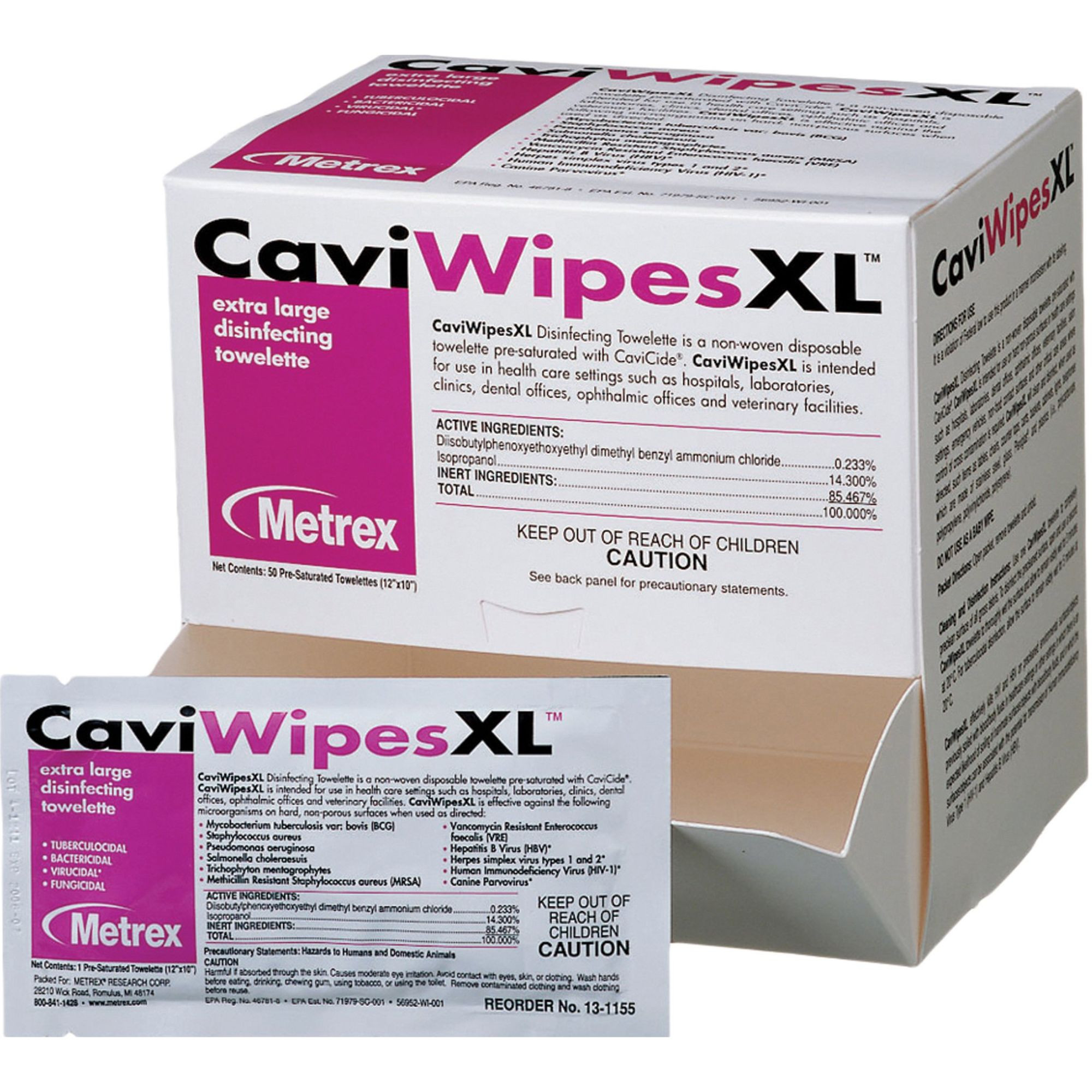 CaviWipesXL Extra Large Disinfecting Towelettes, 13-1155, Box of 50 Packets