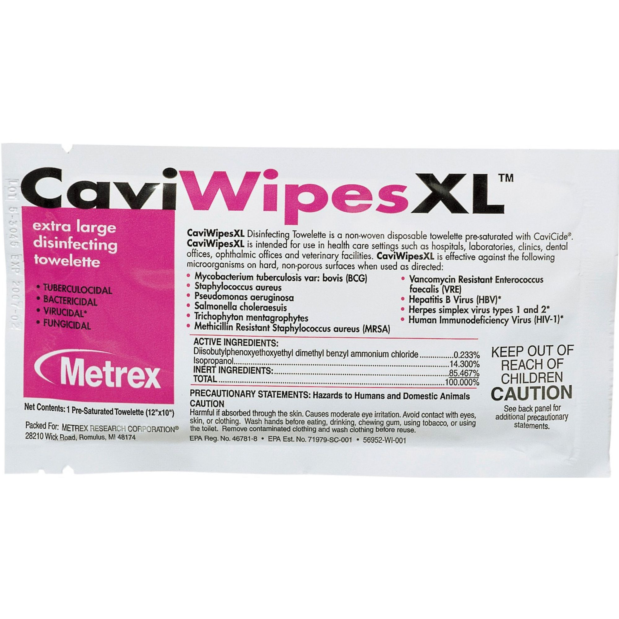 CaviWipesXL Extra Large Disinfecting Towelettes, 13-1155, Box of 50 Packets