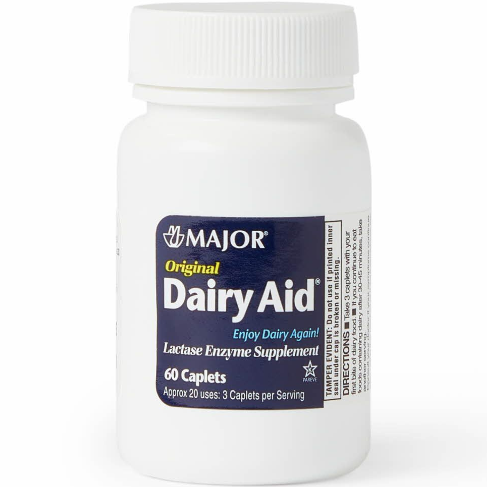 Major Dairy Aid Original Strength Lactase Enzyme Supplement, 3000 IU, 60 Caplets, 00904522452, 1 Bottle