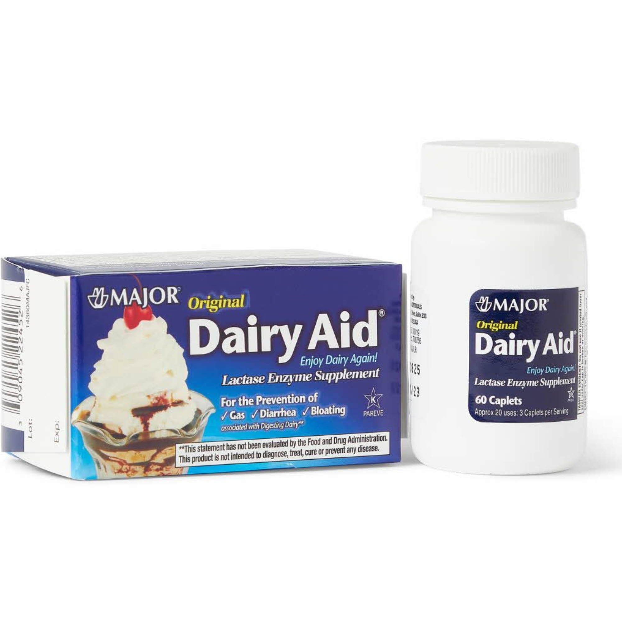 Major Dairy Aid Original Strength Lactase Enzyme Supplement, 3000 IU, 60 Caplets, 00904522452, 1 Bottle