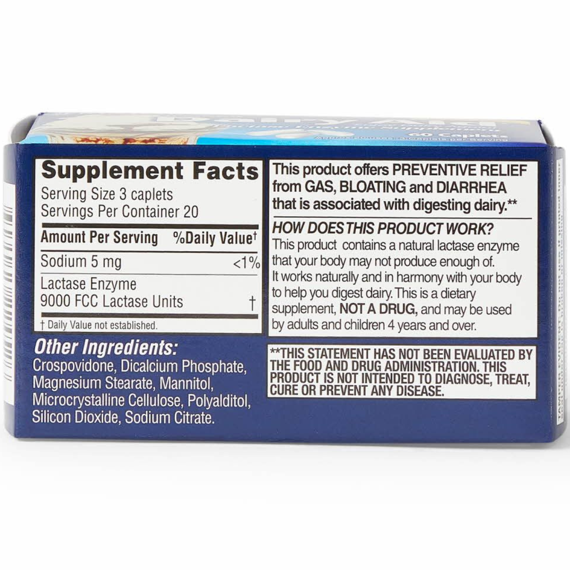 Major Dairy Aid Original Strength Lactase Enzyme Supplement, 3000 IU, 60 Caplets, 00904522452, 1 Bottle