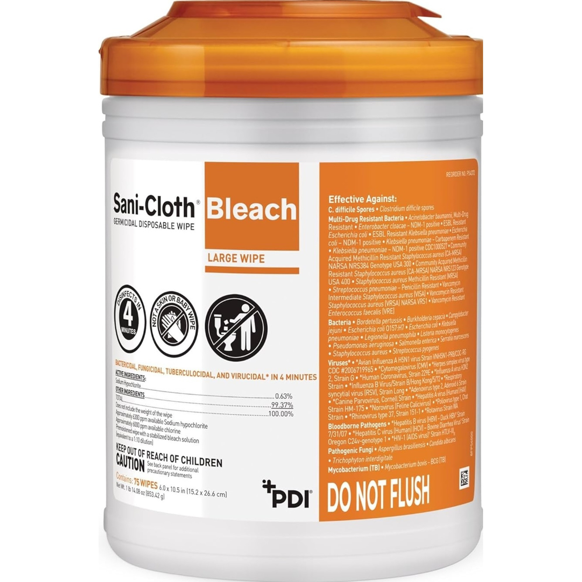 Sani-Cloth Bleach Germicidal Disposable Wipe, P54072, Canister of 75