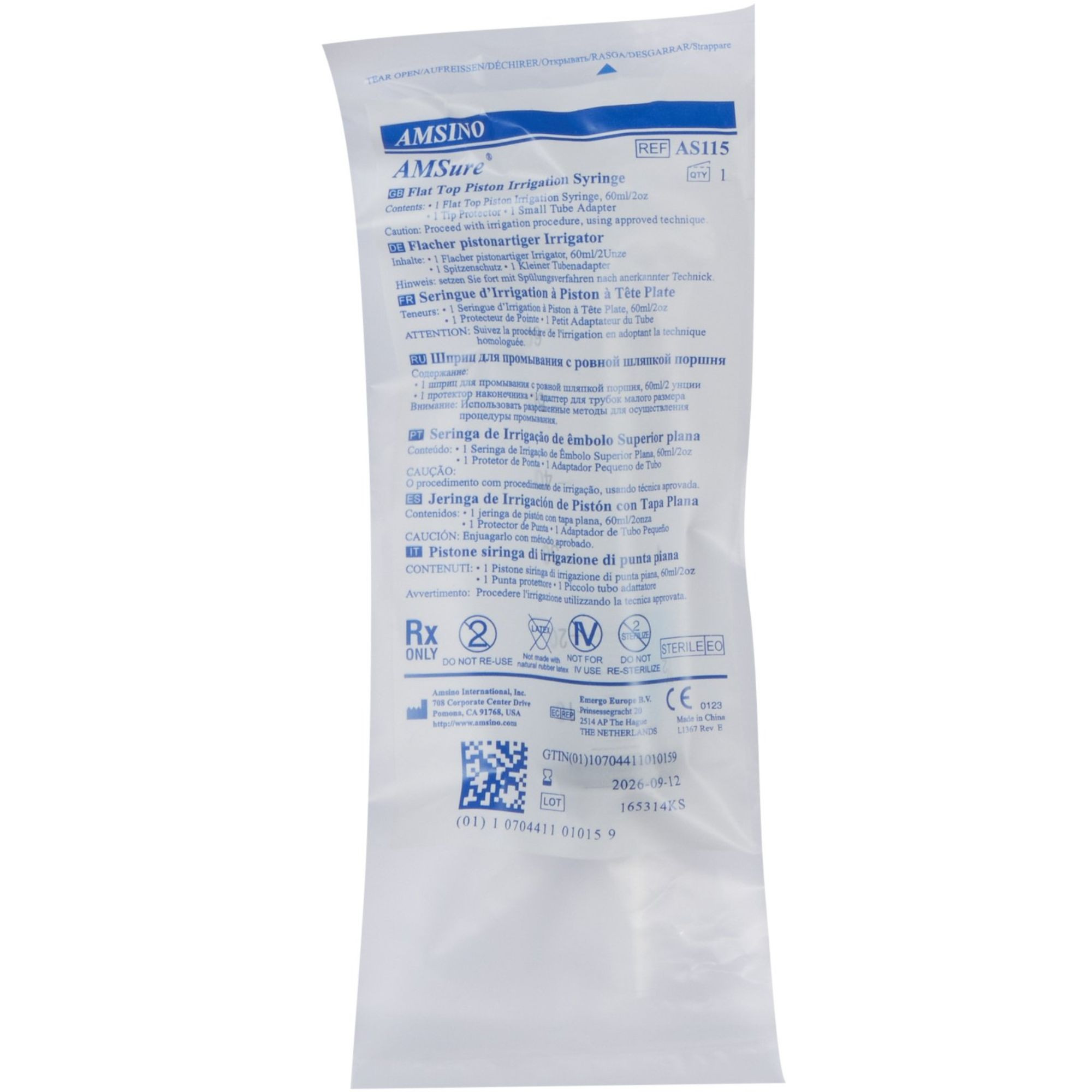 AMSure Enteral Feeding/Irrigation Flat Top Piston Syringe, Poly Pouch, Catheter Tip, 60 mL