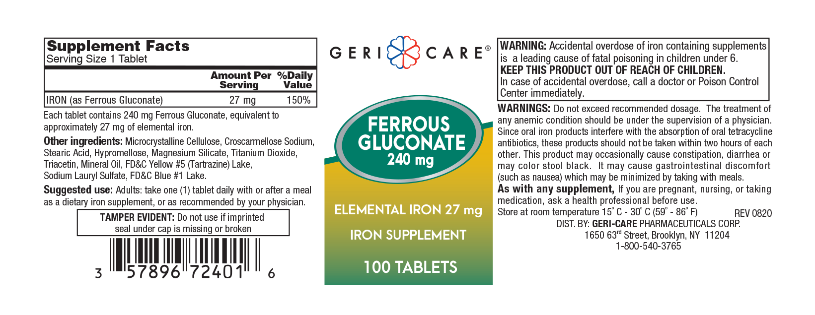 Gericare Ferrous Gluconate Iron Supplement, 240 mg., 100 Tablets, 724-01-GCP, 1 Bottle